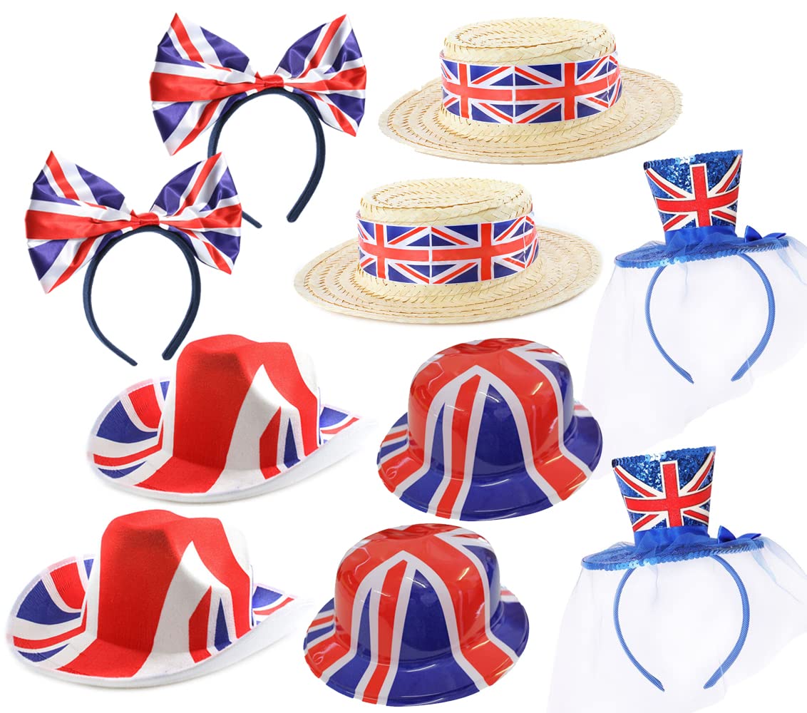 I LOVE FANCY DRESS Union Jack Hat Set - 10pc Set - Union Jack Bow Headband, Boaters, Cowboy Hats, Bowlers, Fascinator Hats - King's Street Party Accessory VE DAY COMMONWEALTH