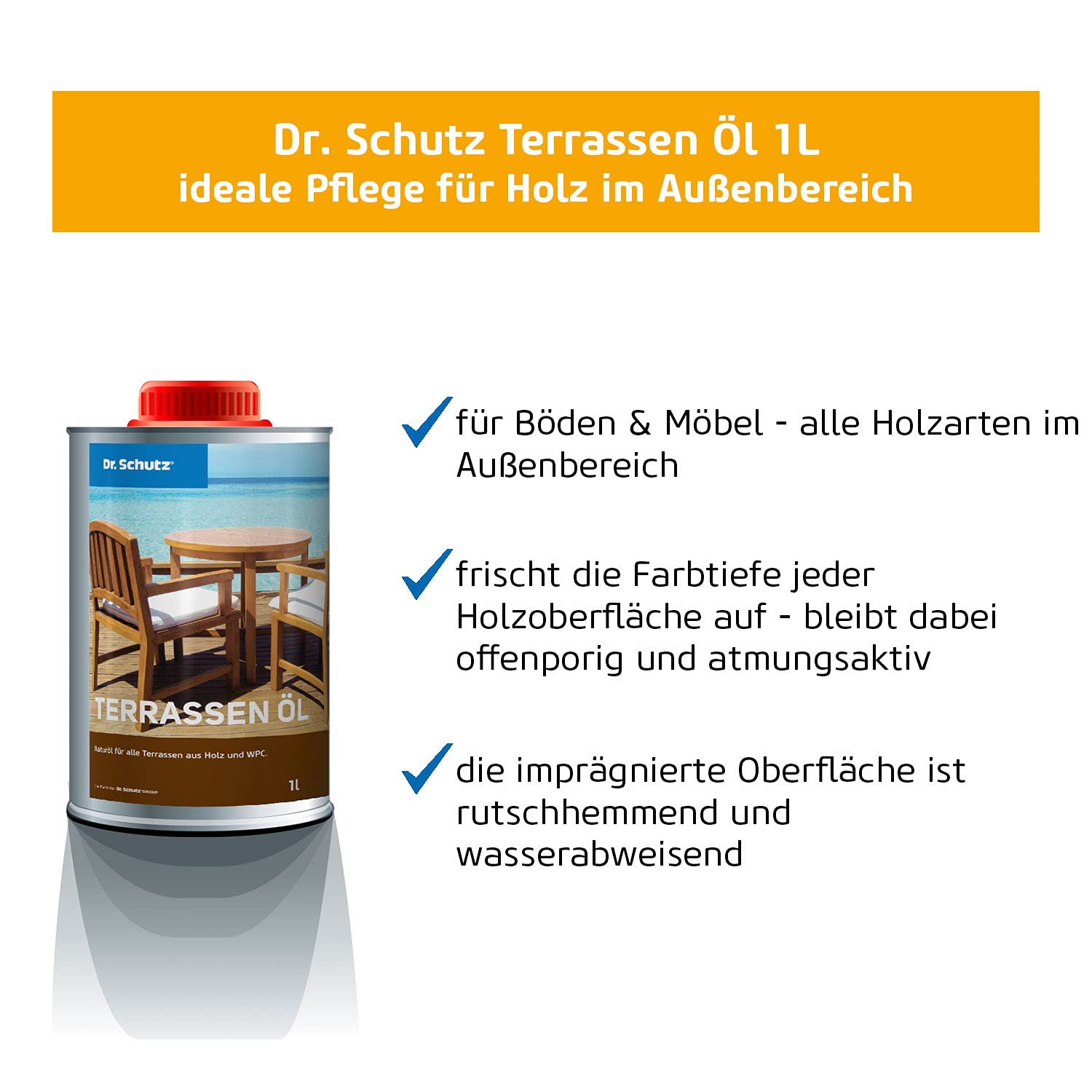 Dr. Schutz Terrassenöl 1 L | Holzöl aussen für alle Hölzer und WPC im Außenbereich | naturölbasierte Holz Imprägnierung | Schutz vor Feuchtigkeit | Holzöl farblos für Terrassendielen | Holzschutz