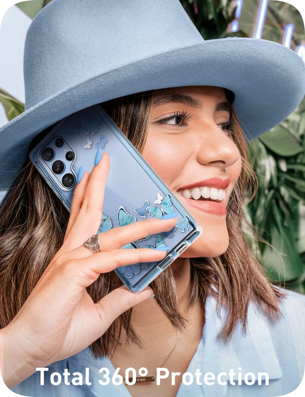 i-Blason Samsung Galaxy S22 Ultra 5G Case (2022) Case with Built in Screen Protector, Cosmo Series Glitter Pattern Slim Full Body Protection 360° Shockproof Blue Butterfly