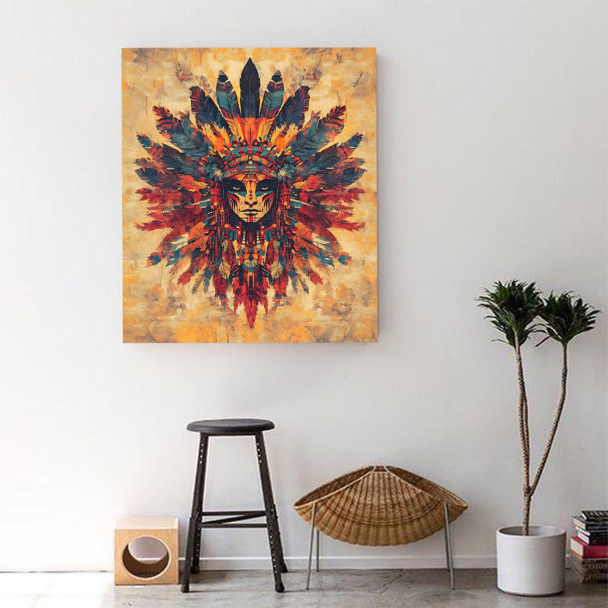 YUNART Wandkunst der amerikanischen Ureinwohner Vintage neutrale Federleinwand Stammesthema Malplakat für Wohnzimmer Schlafzimmer Wohndeko 80x105cm Innenrahmen
