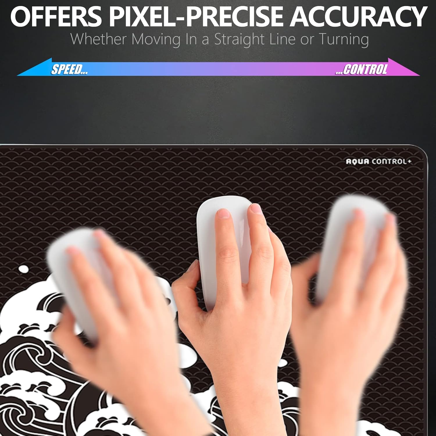 Hands demonstrating mouse movement on the X-Raypad Aqua Control Plus mouse pad, with an overlay indicating the balance between speed and control for pixel-precise accuracy.