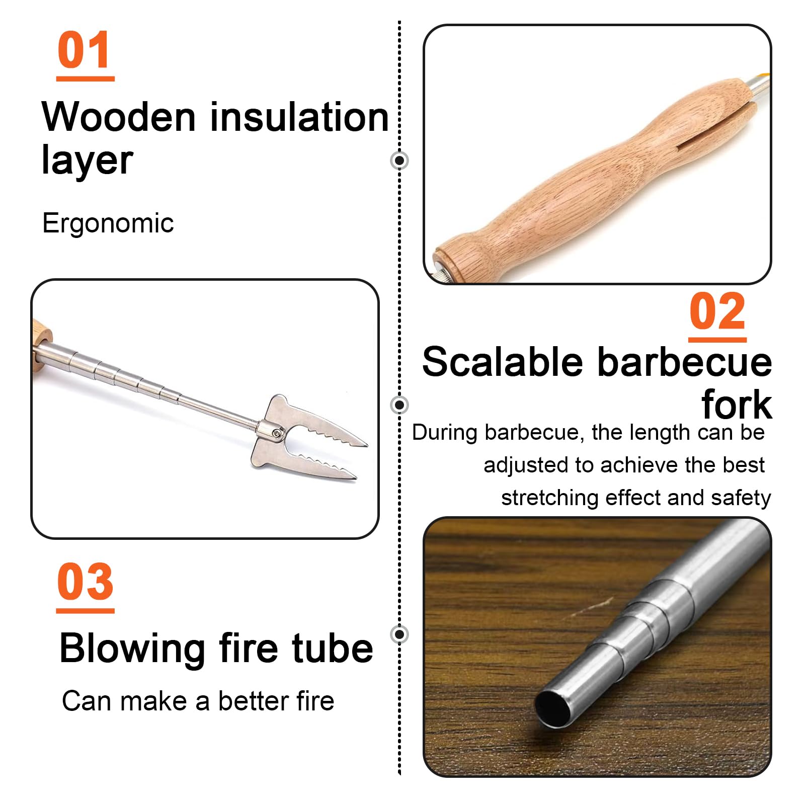 FAELNK Grillspieße Edelstahl Ausziehbar Holzgriff mit Teleskop Blasrohr Grillgabel Ausziehbar 81cm für BBQ Hotdog Teleskop Camping Lagerfeuer Zubehör Ausziehbar Grillgabel