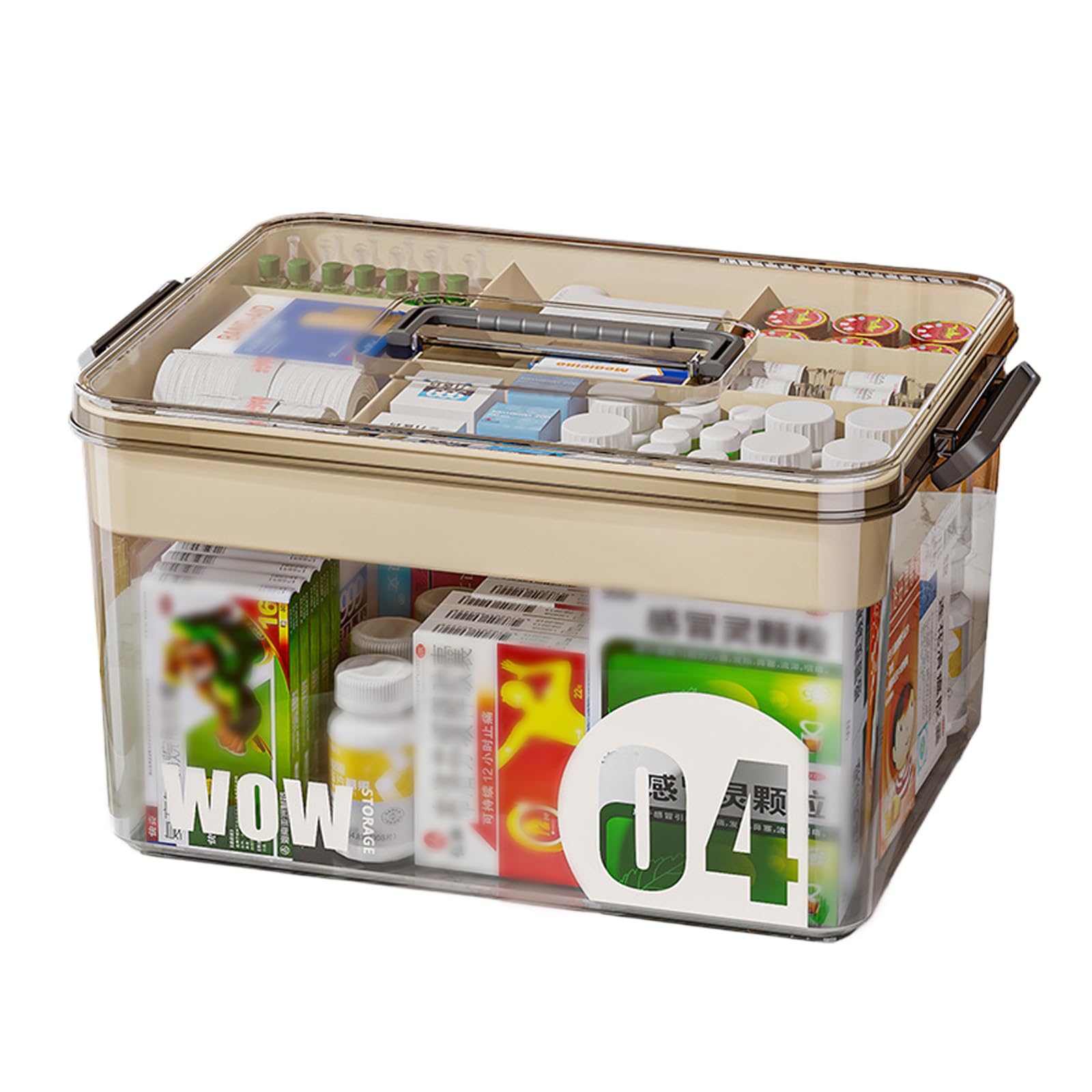 Medicine Storage Box - Pill Bottle Medication Organizer Transparent Multi-Compartment with Handle Home Storage 15L11 6W9H White