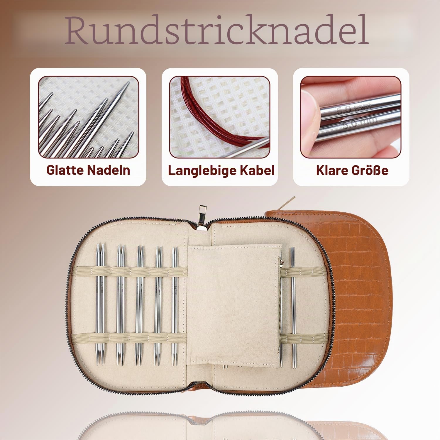 Lewhoo Rundstricknadel-Set, 2,0 ~ 5,0 mm, Silber | 11 Paar austauschbare Rundstricknadeln aus Edelstahl zum Stricken mit 4 Kabelbeutel