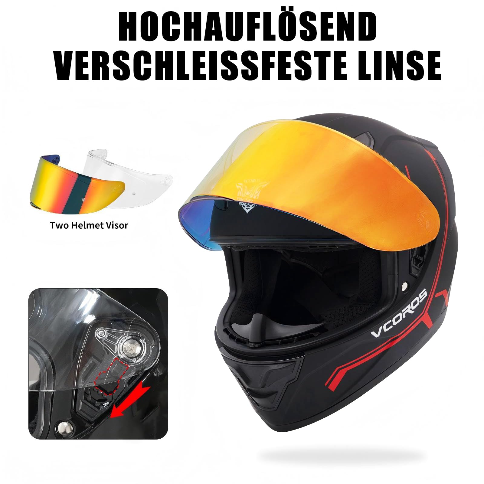 VCOROS Casco integral para adultos unisex WS-609 casco de moto con visera parasol transpirable ECE 22.06 certificado ECE 22.06 casco integral casco integral para moto scooter carreras