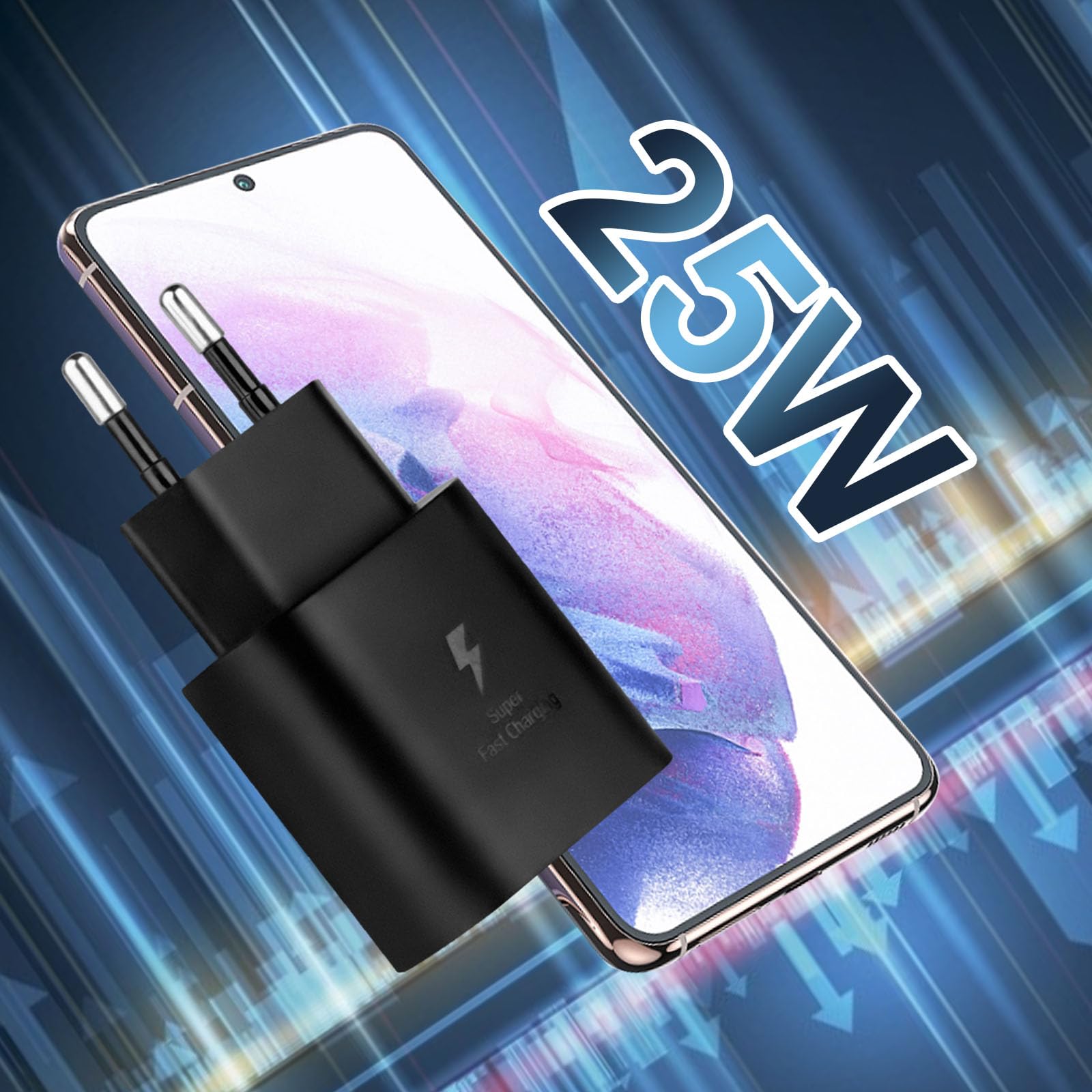 25W Caricatore USB C Rapido Caricabatterie per Samsung Galaxy S24, S24+, S23, S22 Ultra, S21, S20, A54, A53, A14, Fold5, Flip 5, Note10 Rapida USB C Carica Alimentatore Presa con 2M Cavo - Nero