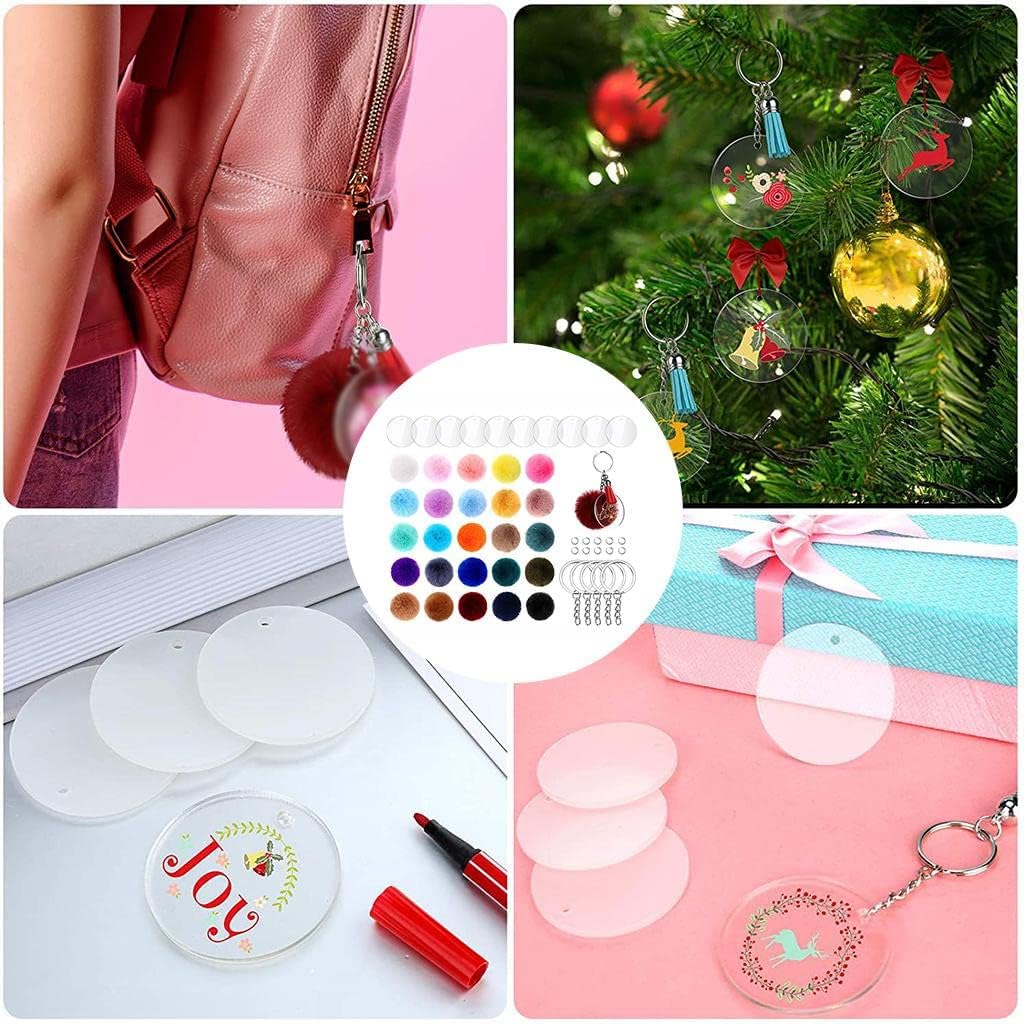 DIY Keychain Making Kit - 195 Pcs Clear Acrylic Blanks with Tassels, Pompoms, Key Rings and Jump Rings | Crafting Supplies for Vinyl Projects, Jewelry Making, 170Pcs No Tassels