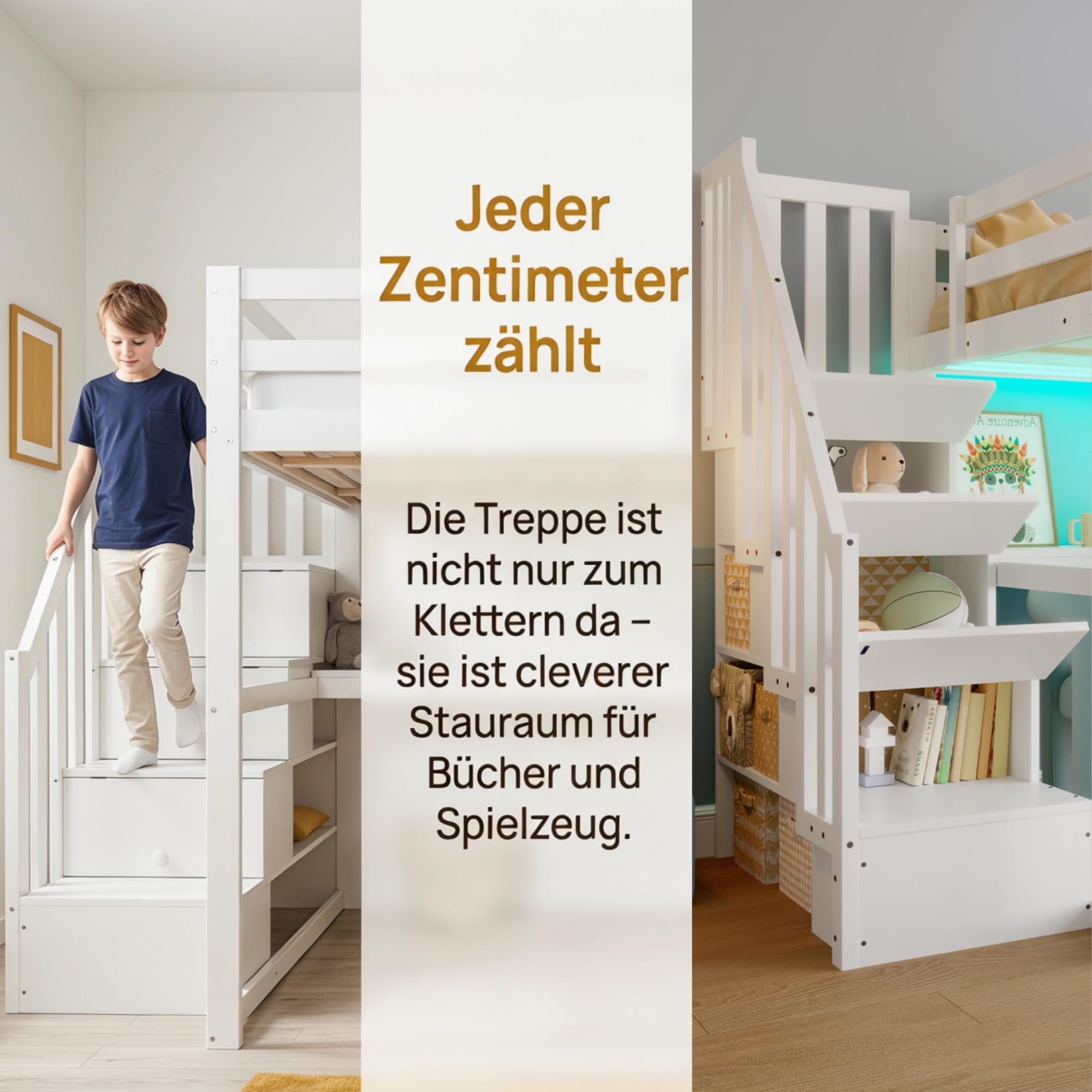 Su & Chan Legence Hochbett 140x200 mit Schreibtisch, Kinderbett aus massivem Kiefernholz mit Stauraumtreppe, Schubladen, Regalen und LED Beleuchtung, Weiß