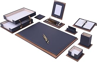 Star Luxury Leather Desk Set, Leather & Wood Desk Set, with Double Tray, Office Desk Accessories, Home Office Accessories, Desk Supplies, Desk Organizer (Gray), 11 Pcs