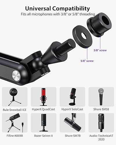 Miniatura 6 de KU XIU Soporte de micrófono de brazo de aleación de aluminio para escritorio, soporte de brazo de micrófono ajustable de tres secciones con canales