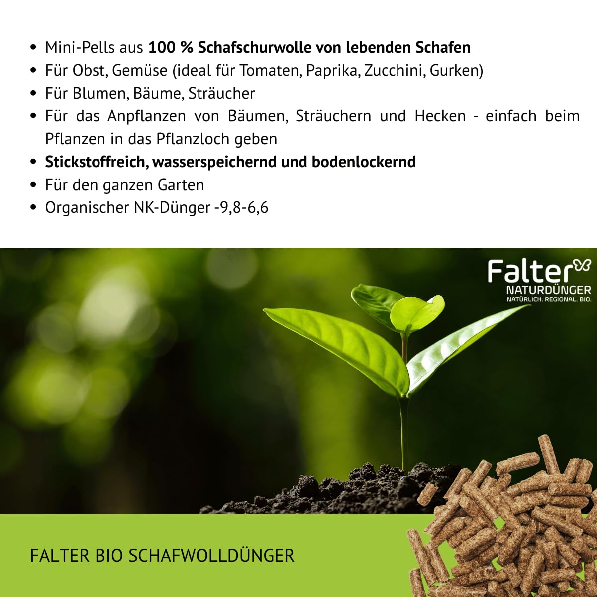 Falter BIO Schafwolldünger Mini-Pells 20 kg | Schafwollpellets pur | Mini-Pells aus 100 % Schafwolle für Gemüse, Obst, Kräuter und Blumen