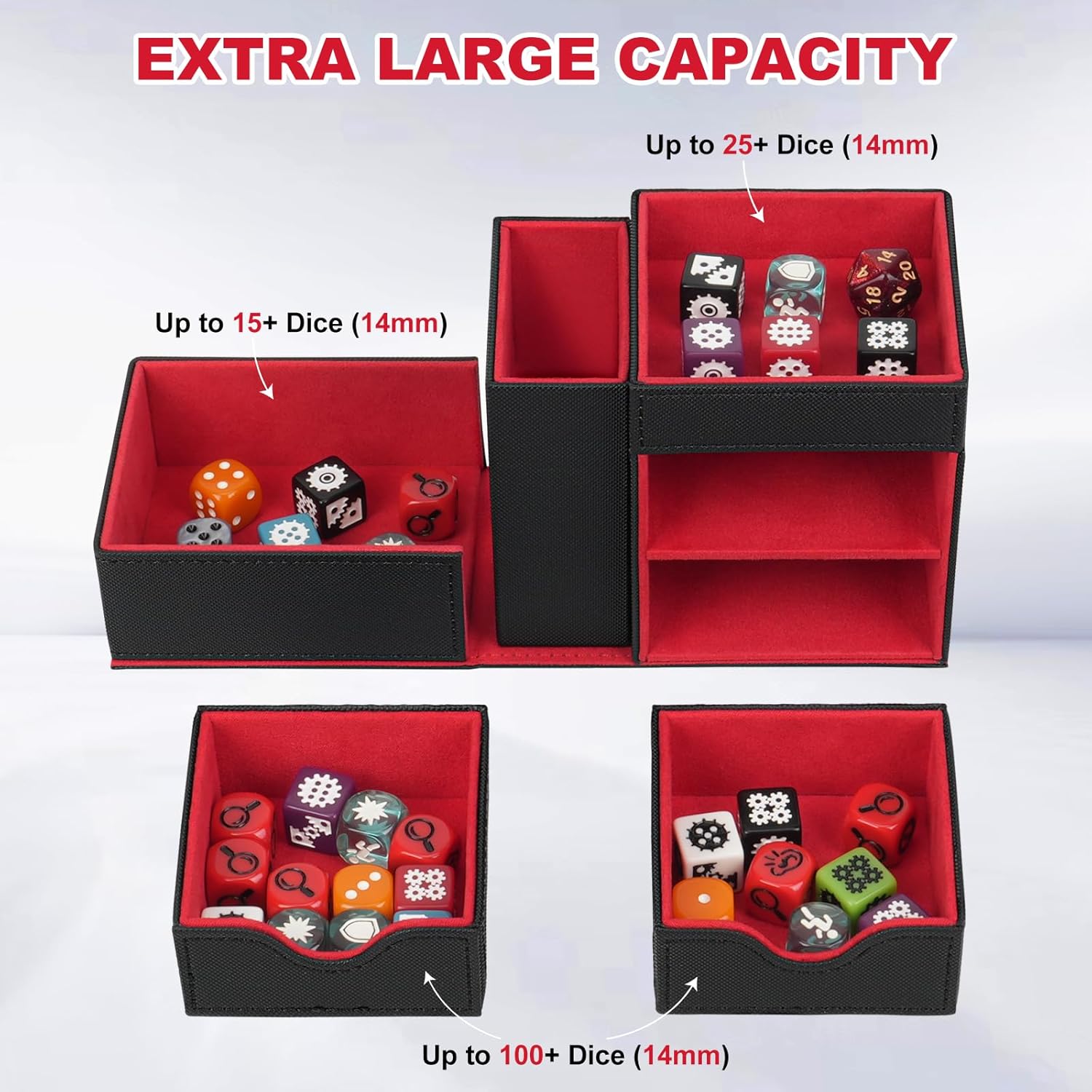 Dice Tray & Dice Roller Tower, Magnetic Dice Storage Box for Rolling, 3 in 1 Leather Dice Organizer Holder Fits for Dungeons & Dragons, MTG DM and Player, Black & Red