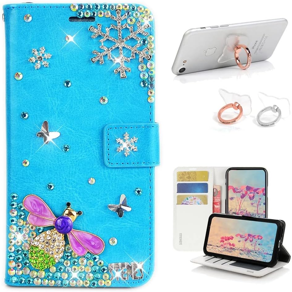 STENES Bling Wallet Phone Case Compatible with Samsung Galaxy A13 5G Case - Stylish - 3D Handmade Dragonfly Snow Butterfly Glitter Magnetic Leather Cover with Ring Stand Holder [2 Pack] - Blue