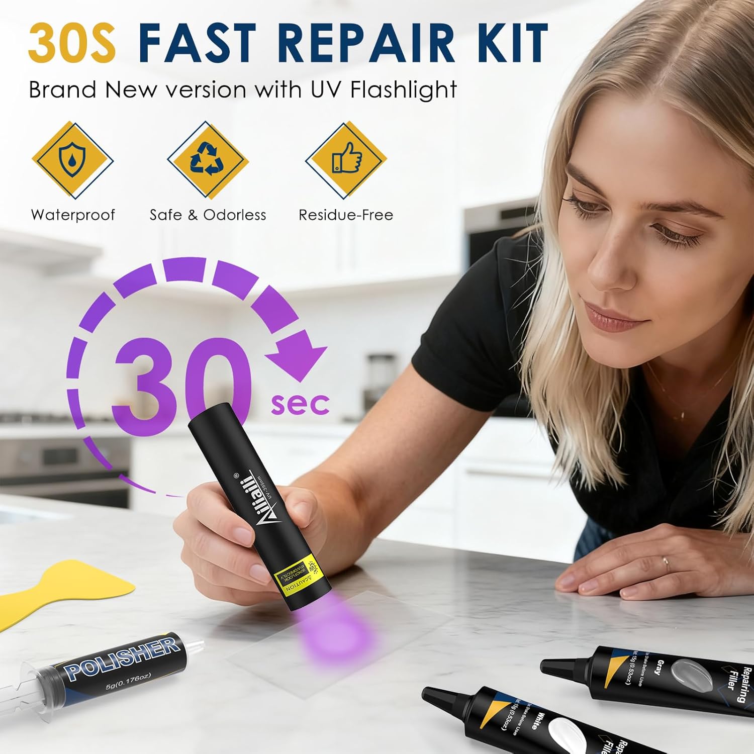Quartz Countertop Repair Kit, Granite & Marble Repair Kit with 4*15g Filler(White,Beige, Gray,Clear), 30s Fast Repair Chip, Hole, Scratch, Crack on Fiberglass, Porcelain, Ceramic Tile, Bath Tub, Sink - Image 2