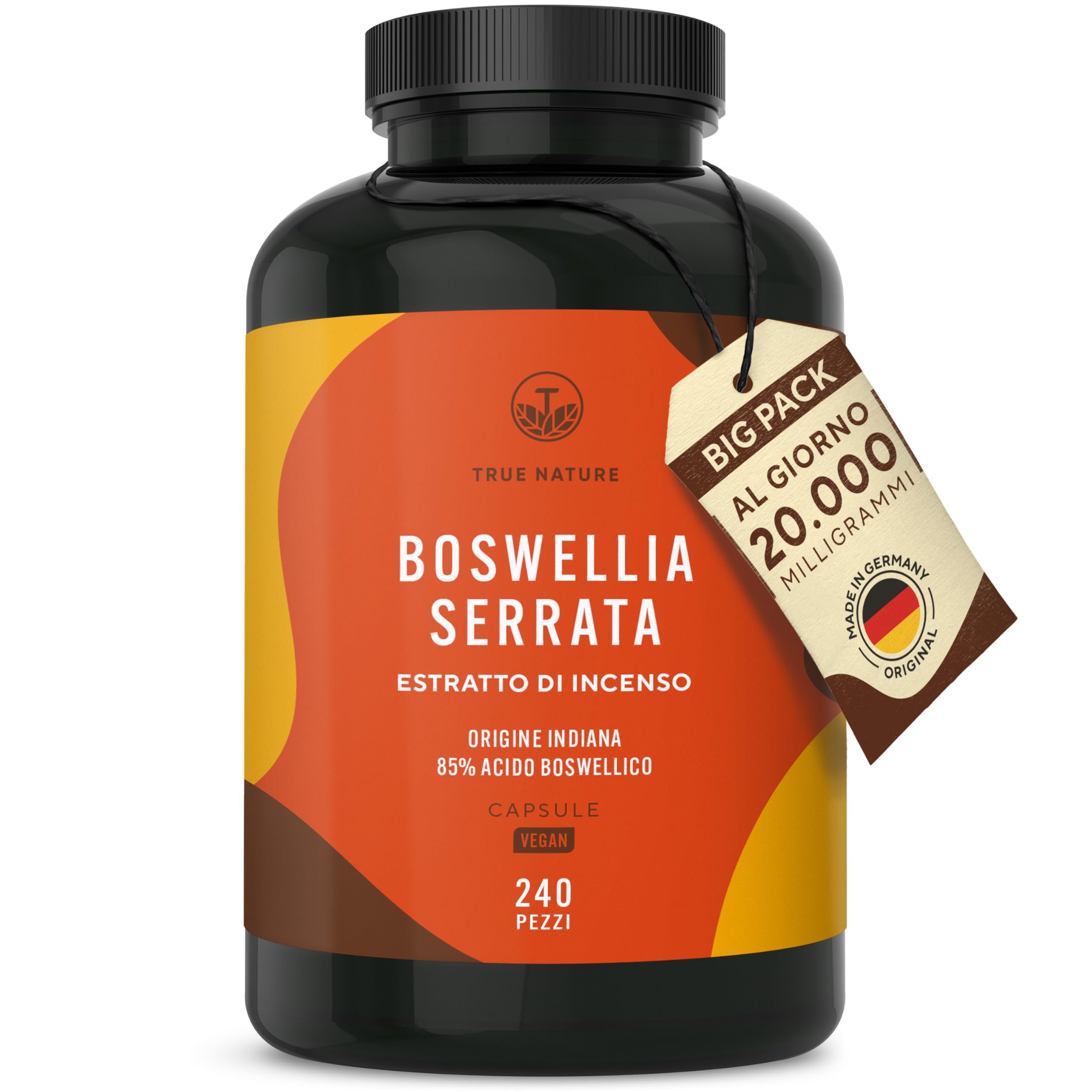 Boswellia Serrata - 240 Capsule - 20.000 mg - Alto dosaggio (10:1) - incenso integratore - Vegan, Testato in Laboratorio, Produzione Tedesca - TRUE NATURE®