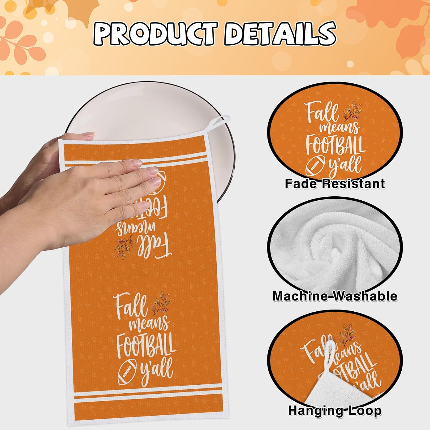 Fall Football Kitchen Towels 4 PCS, Autumn Hand Towel, 16x24in image 4