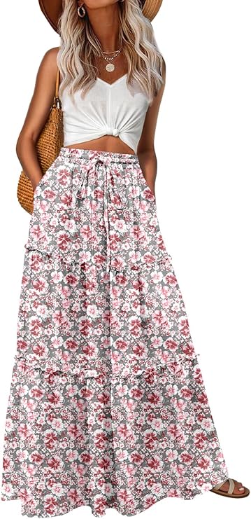 Lepunuo Womens Casual Boho High Waisted Flowy Maxi Skirts Trendy Floral Cute Long Skirts with Pockets