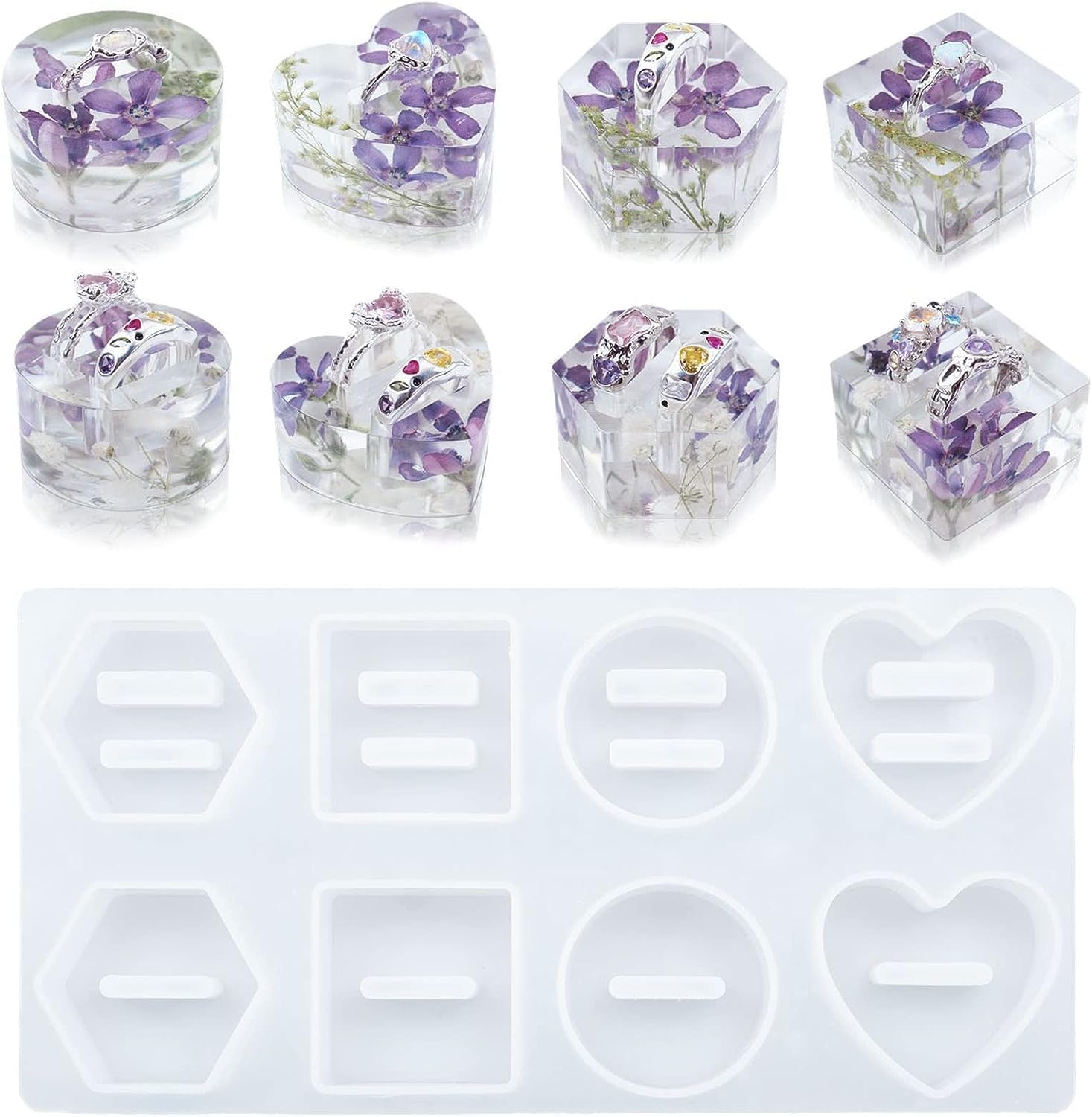 FirstTry Resin Mold I Love Heart Round Hexagonal Square Shape 3D Silicone Ring Holder Tray I Crystal Casting Mould for Handmade Ring Display Storage Rack Art Crafts Home Party Decorations - 8 Cavity