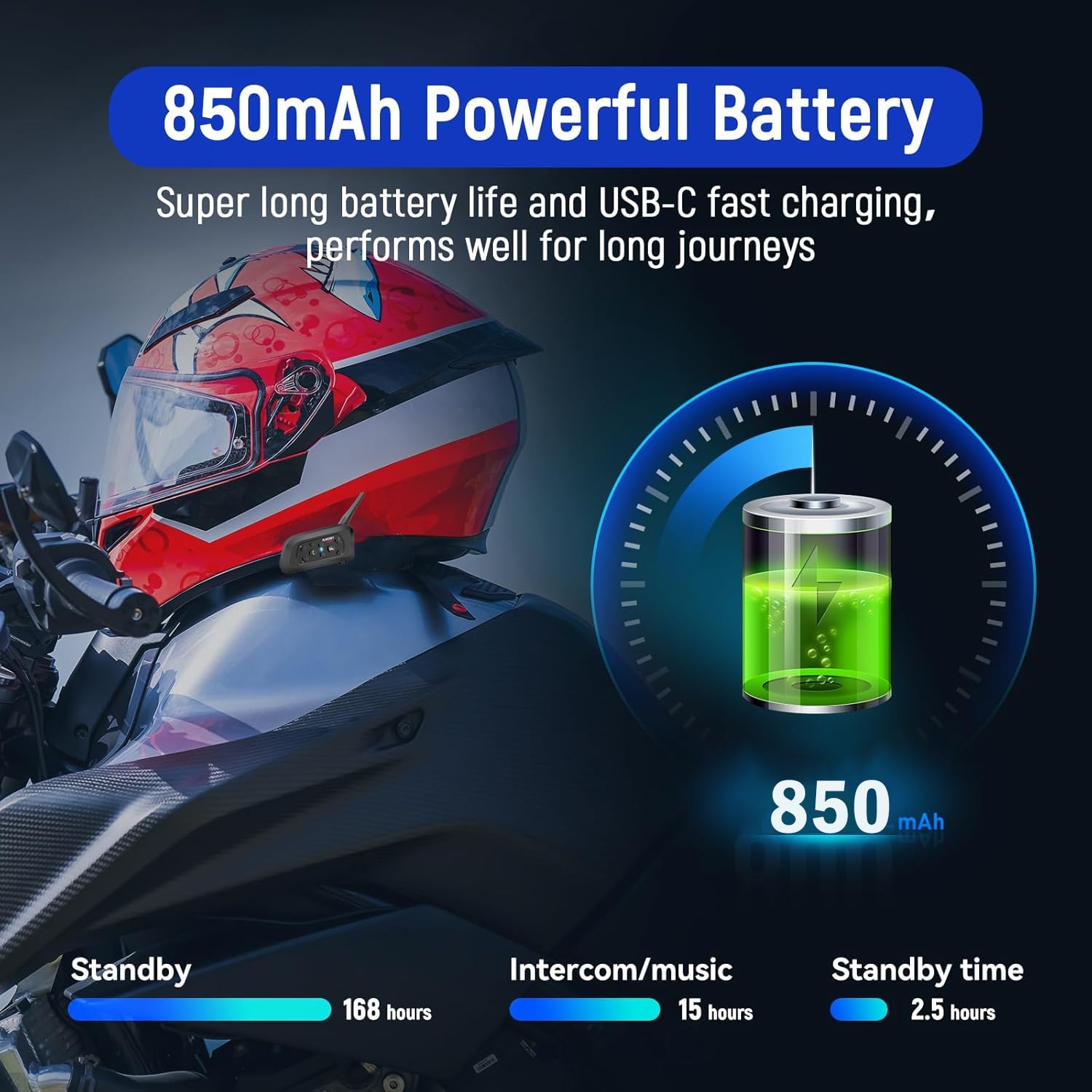 V6 Pro - Intercomunicador para moto, kit interfono para 2 cascos, auriculares con cancelación del ruido, distancia 1 km, sistema de comunicación para moto universal, IP67 impermeable (negro)