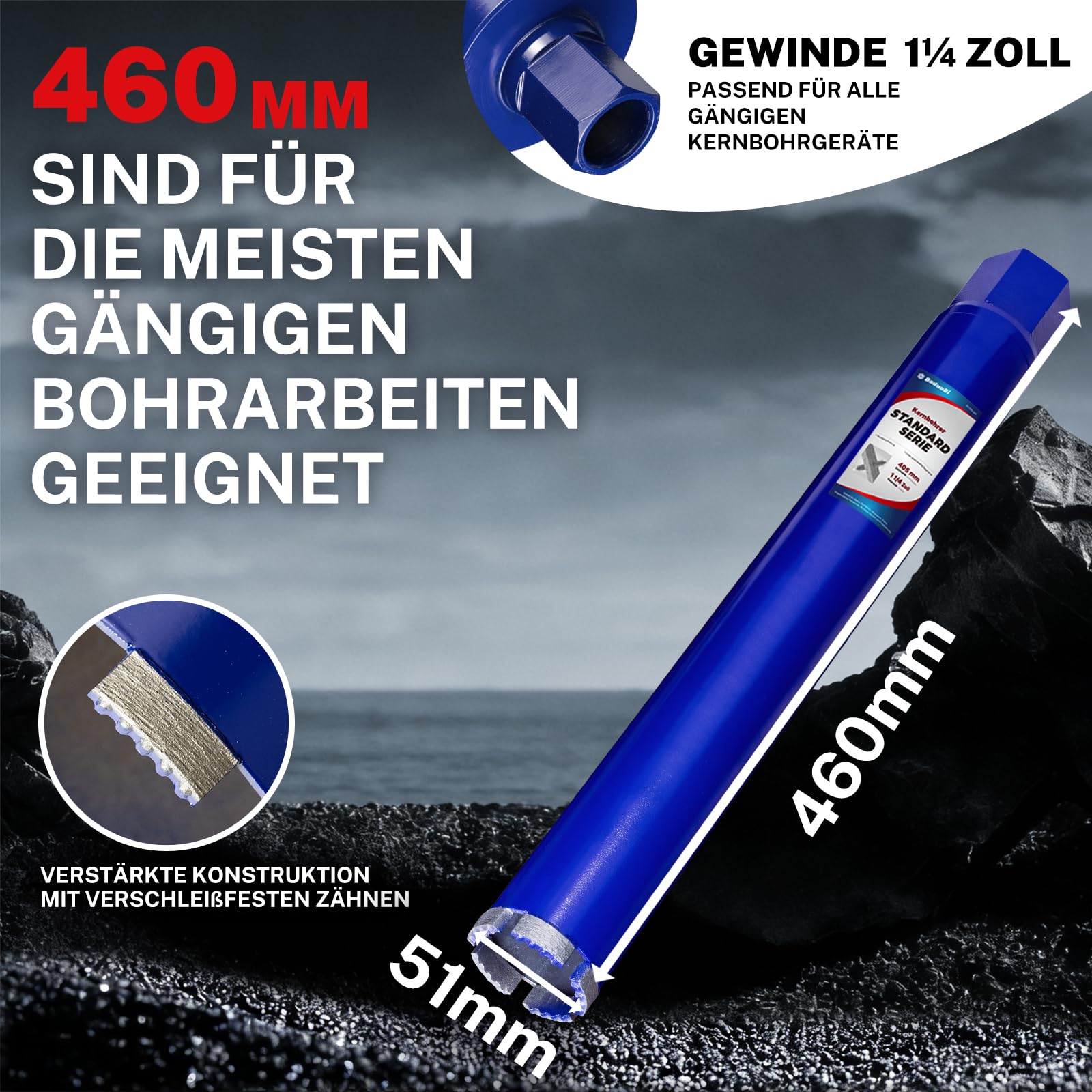 51 mm Kernbohrer – 410 mm Schnitttiefe, 1‑1/4 Zoll – Nassbohren Diamantbohrkrone für Stahlbeton, Mauerwerk, Naturstein, Ziegel (460 mm Gesamtlänge)