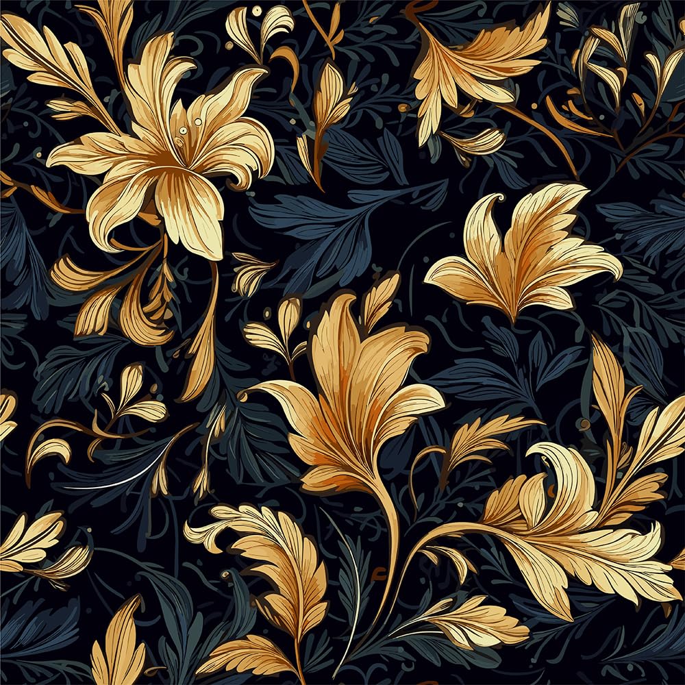 REDAMANCY Black and Gold Beautiful Damask Lily Flower Peel and Stick Wallpaper Vintage Wall Paper Stick on Contact Paper Easy Peel Off for nightstand Drawer Renter Friendly 17.7"x236"