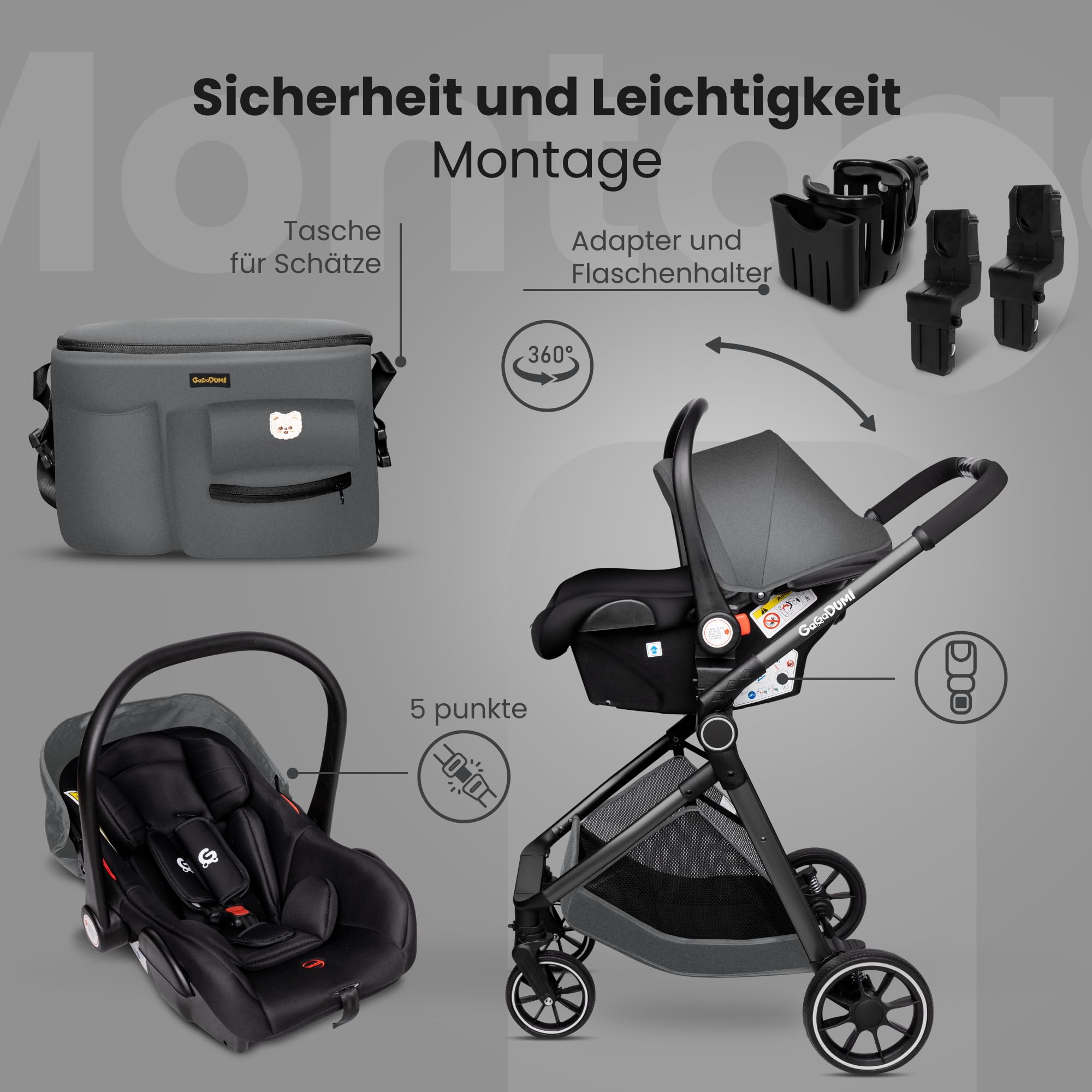 GagaDumi SoHo 3 en 1 Cochecito para Bebé con Capazo y Silla de Coche i-Size, Carrito Plegable Ligero con Accesorios, desde Recién Nacido hasta 22 kg