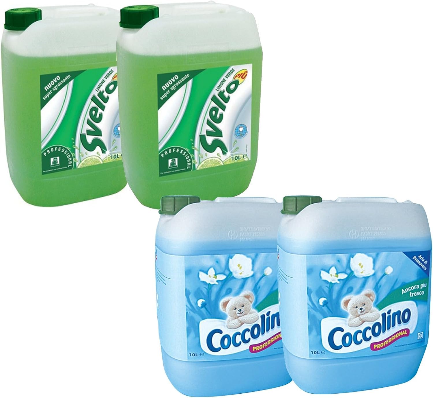Kit Detergenti Professionali 40 L (2x20L), Ammorbidente Coccolino Primavera + Detersivo Piatti Svelto Più, Formato Industriale per Lavanderie, Cucine Professionali e HO.RE.CA
