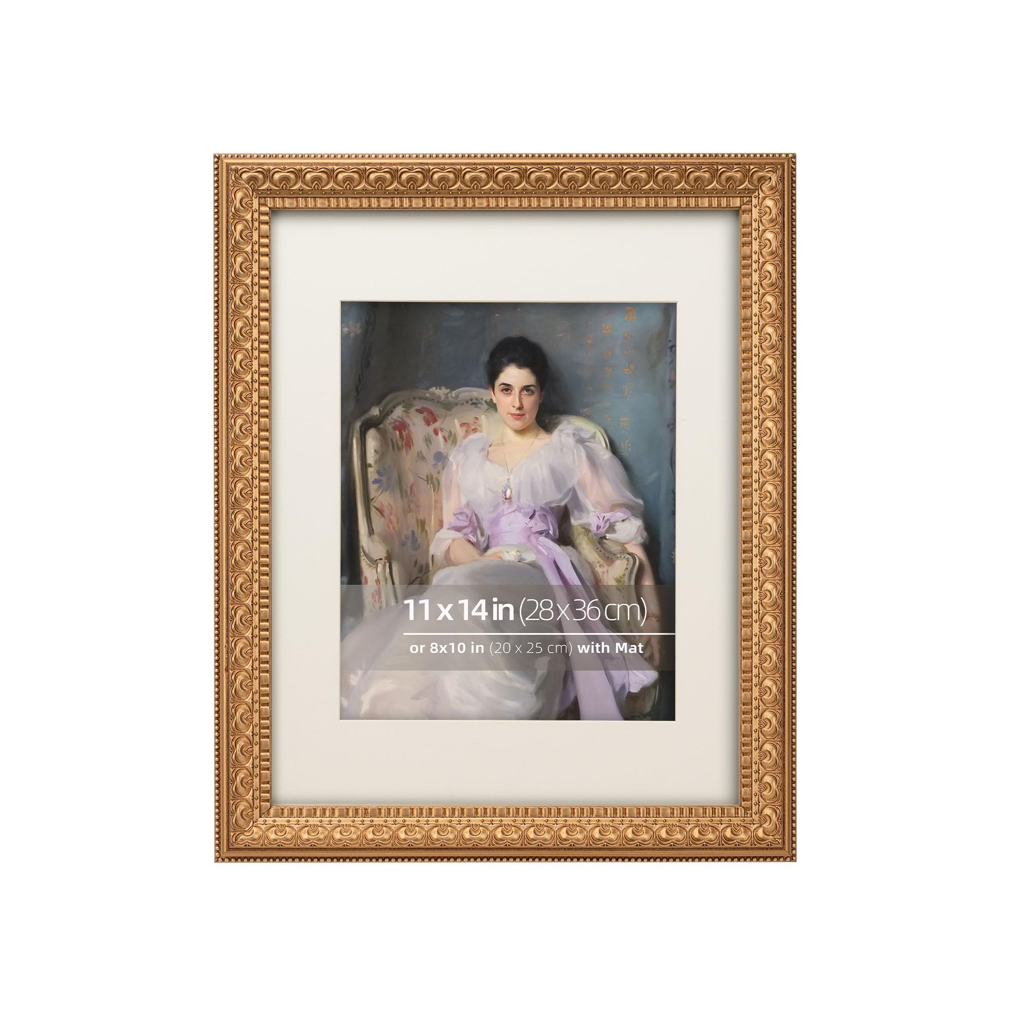 11x14 Antique Gold Wood Ornate Vintage Classic Picture Frame, With Mat 8x10 inches, Real Glass Protection, Horiztonal or Vertical Display