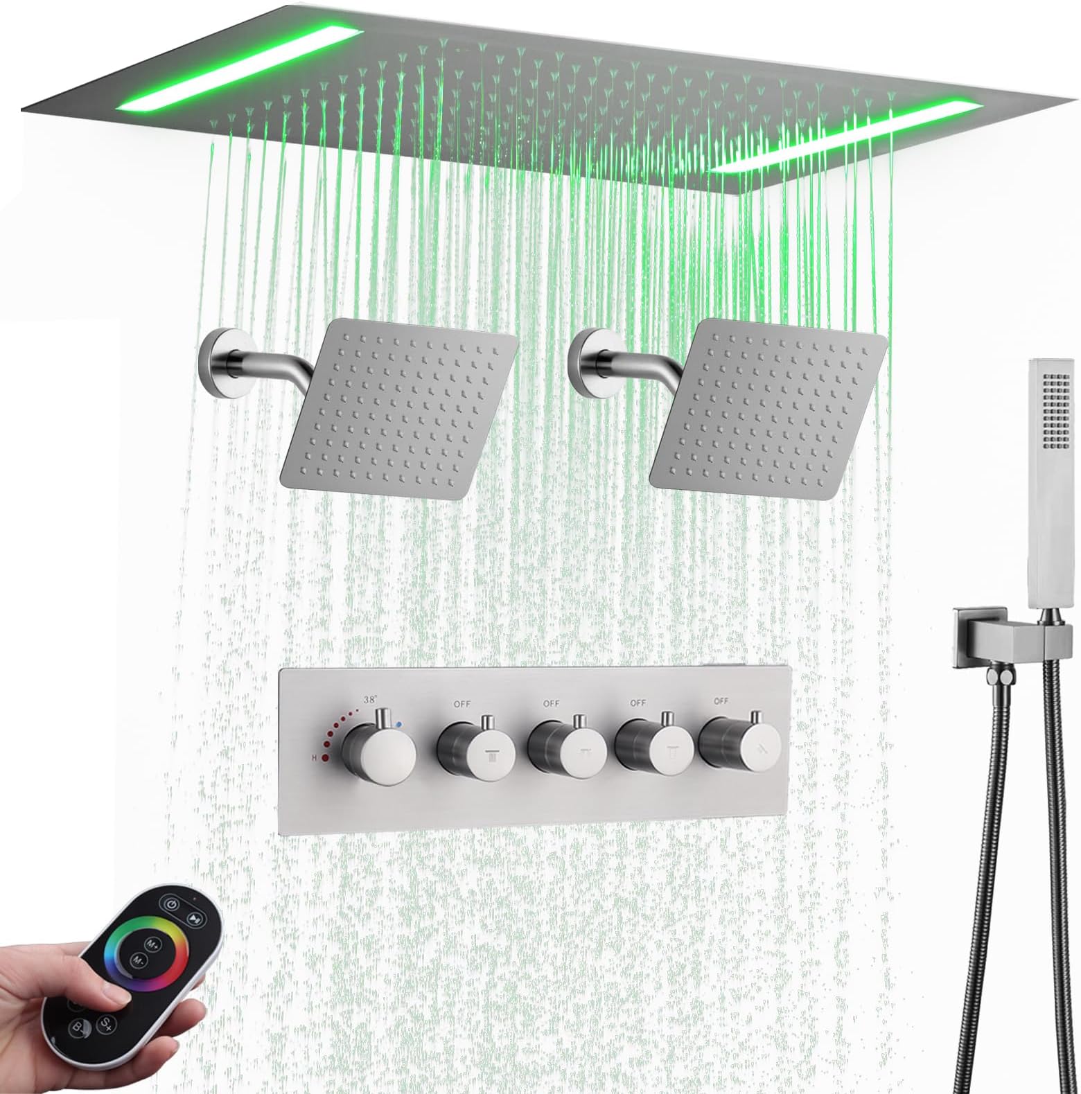 Full Body Multi Smart Shower System with Duel 8 inch Shower Head For Couples, Modern Ceiling Rain LED Shower Head, 4 Ways Thermostatic Shower Set (Brushed Nickel, 20X14 Inch Shower)