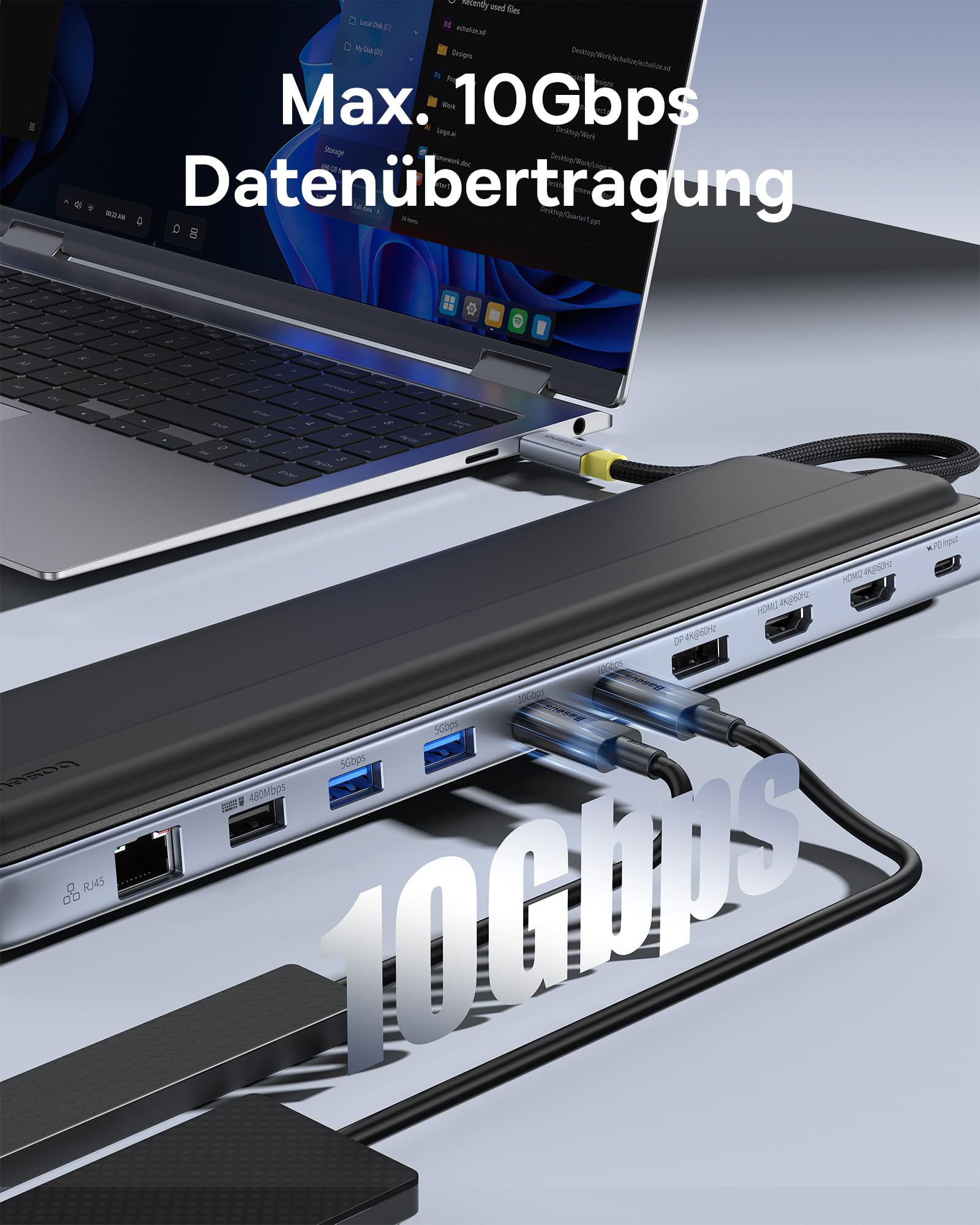 Baseus Laptop-Dockingstation-Ständer, 12-in-1, HUB Dreifaches 4K-Display, HDMI/DP, 10 Gbit/s USB A/C, schnelle Datenübertragung, PD 100W, Ethernet, TF/SD, Docking Station USB C mit Ständer für Windows