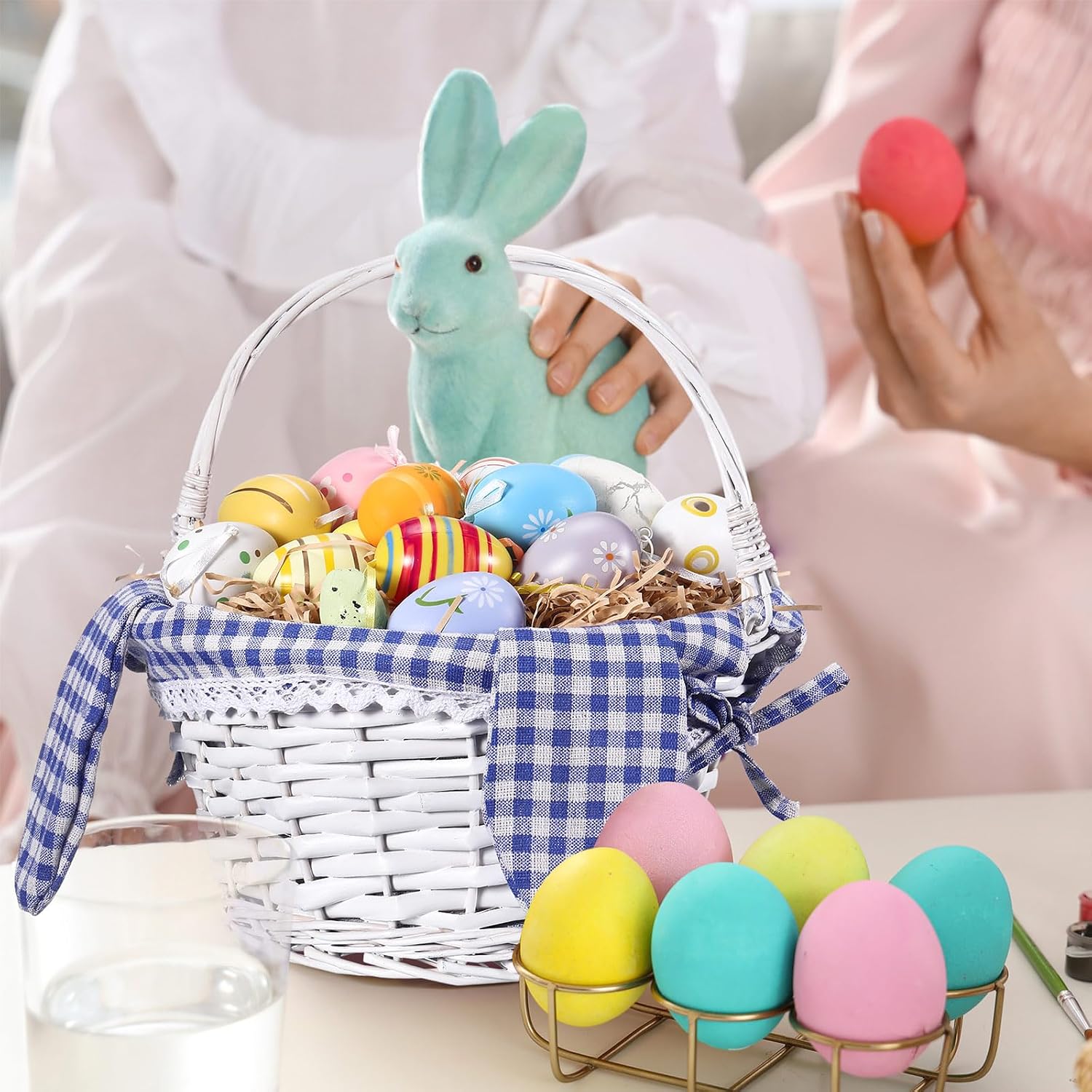Hushee Easter Willow Gift Basket 11"×7" Easter Wicker Bunny Baskets with Folding Handle Plaid Liners for Kids Toys Eggs Hunt Wood Bunny Bucket Decorations(Blue and White Plaid)