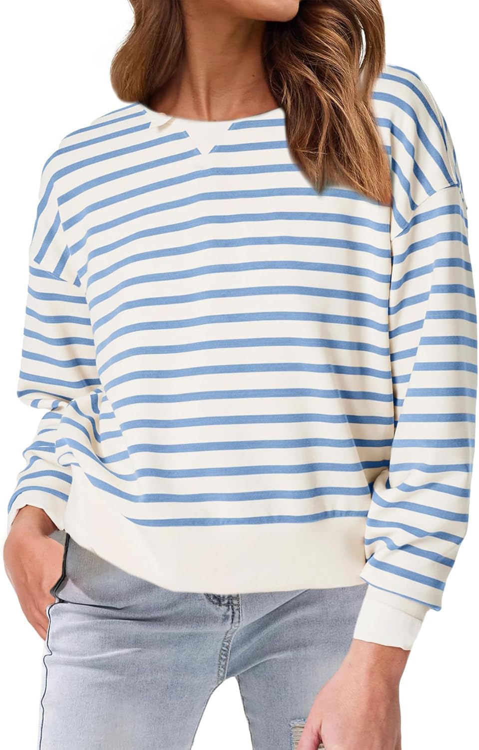 Glamaker Women’s Crewneck Cropped Sweatshirt Pullover Stripe Air Essentials Basic Long Sleeve Shirts Casual Loose Fit Outfits