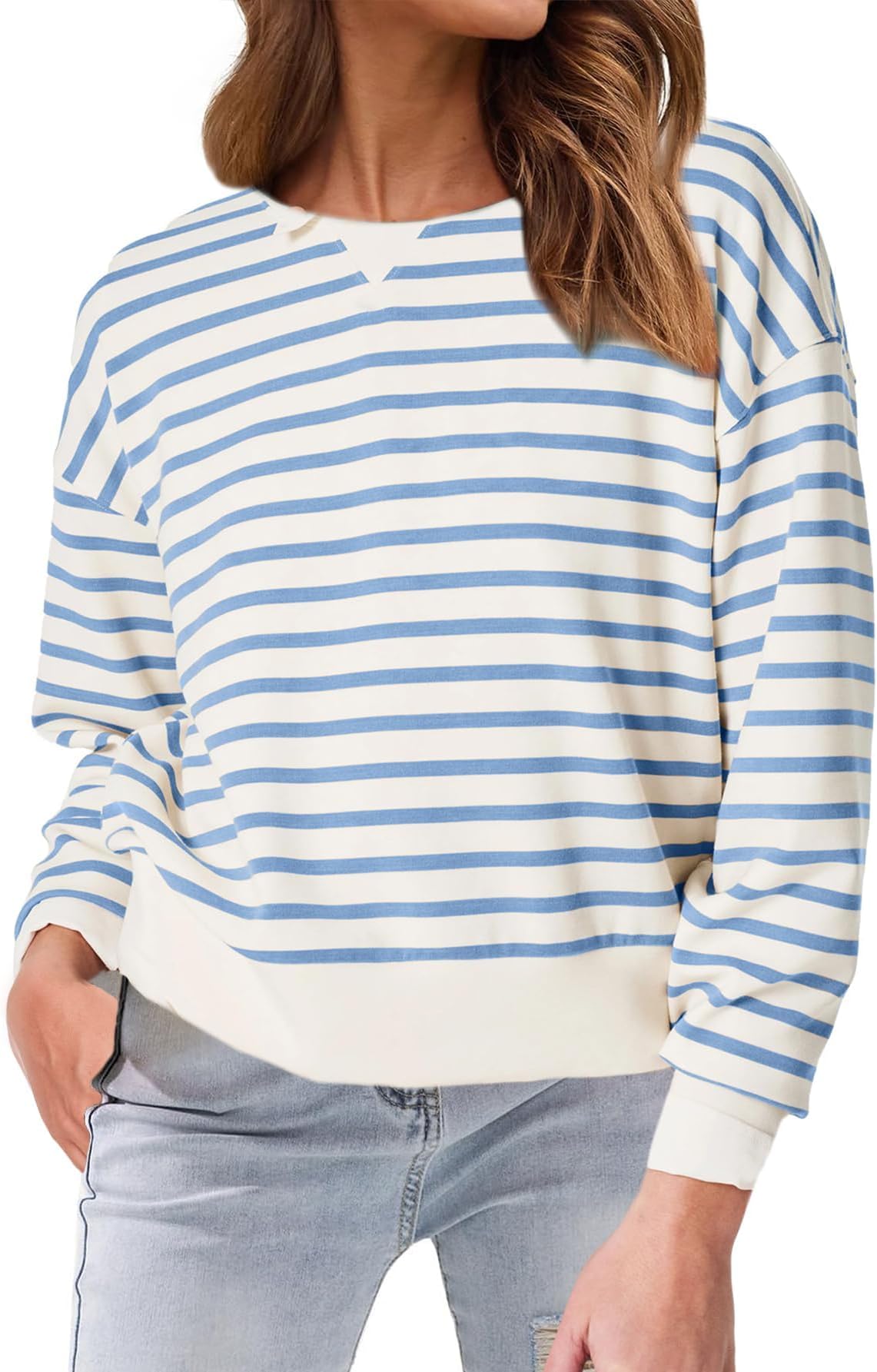 Women's Crewneck Cropped Sweatshirt Pullover Stripe Air Essentials Basic Long Sleeve Shirts Casual Loose Fit Outfits