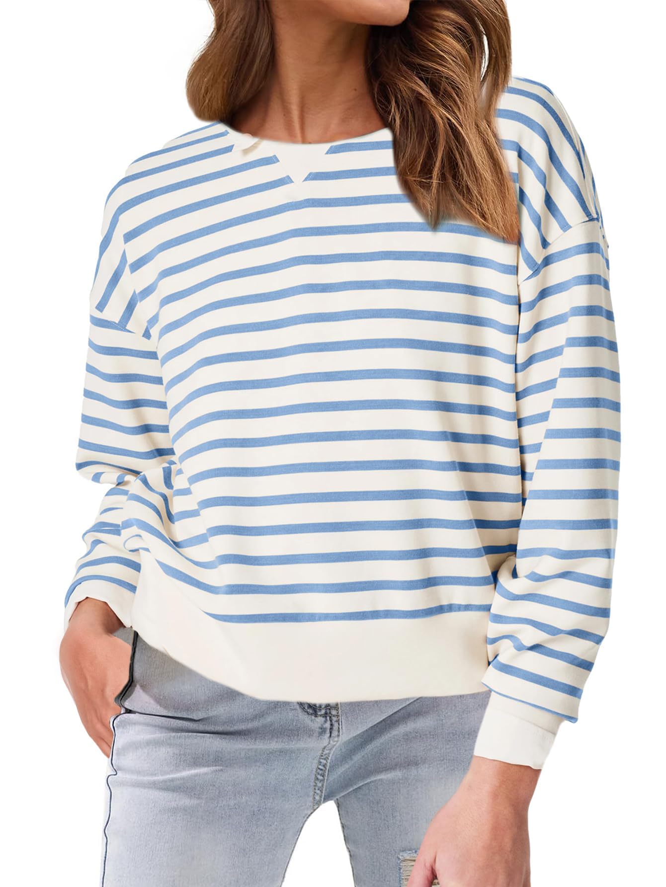 Women's Crewneck Cropped Sweatshirt Pullover Stripe Air Essentials Basic Long Sleeve Shirts Casual Loose Fit Outfits