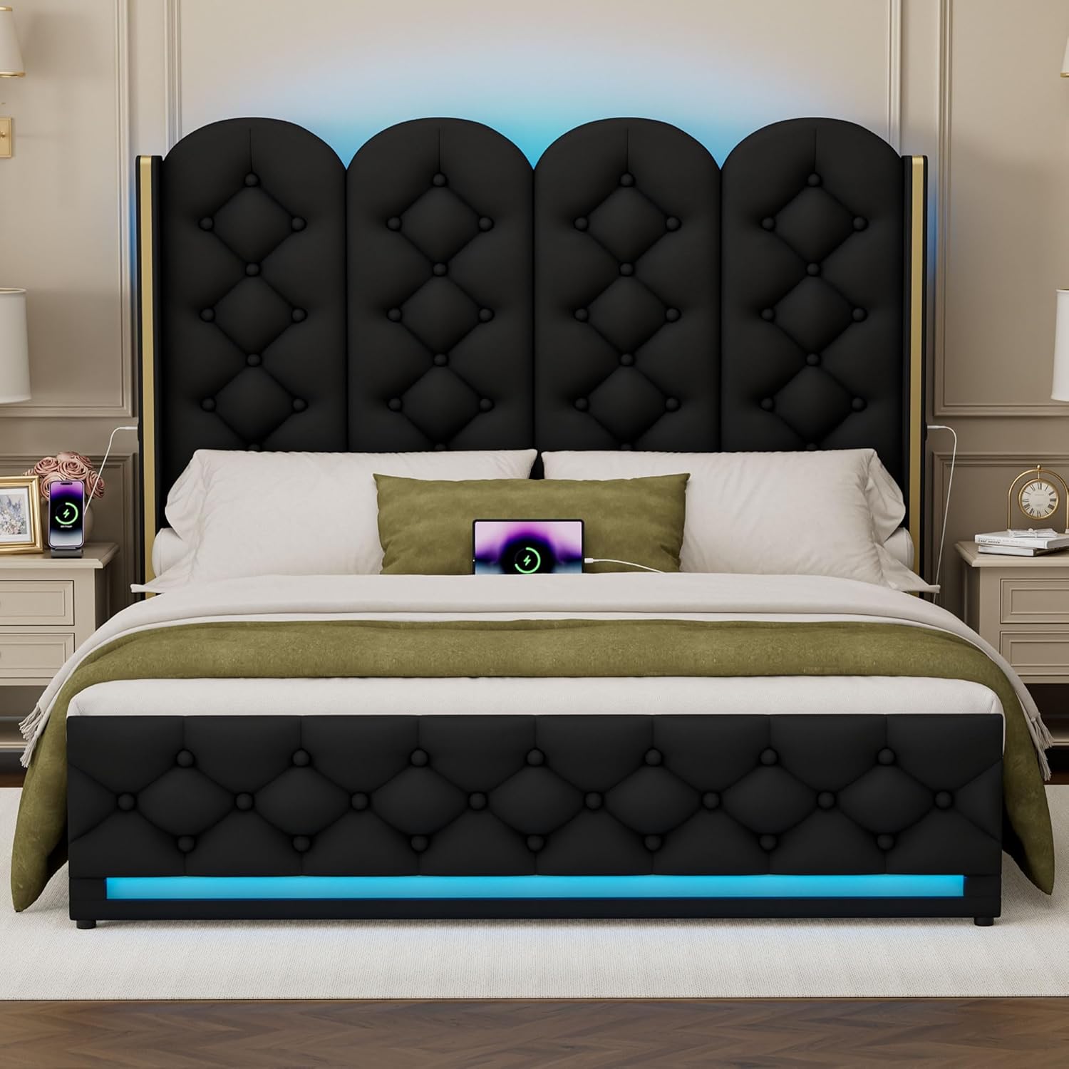 Upholstered Queen Size Platform Bed Frame with 58" Tall Button Tufted Headboard, Velvet Lift Up Storage Bed with Charging Station and LED Lights, No Box Spring Needed/Easy Assembly/Noise Free, Black