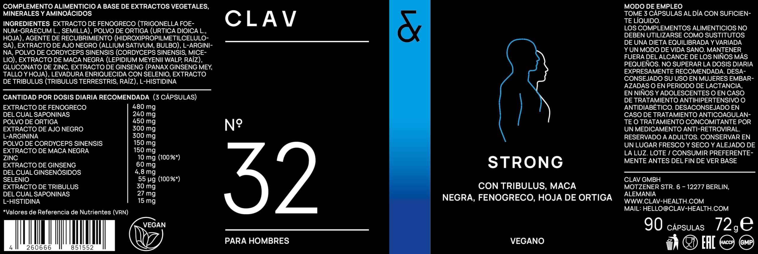 Strong - Potencia natural de Maca Negra con Tribulus Terrestris, Cordyceps Sinensis, L-Arginina, Ajo Negro, Semilla de Fenogreco, Ginseng, Zinc y Selenio - Fórmula para Energía y Vitalidad para Hombr