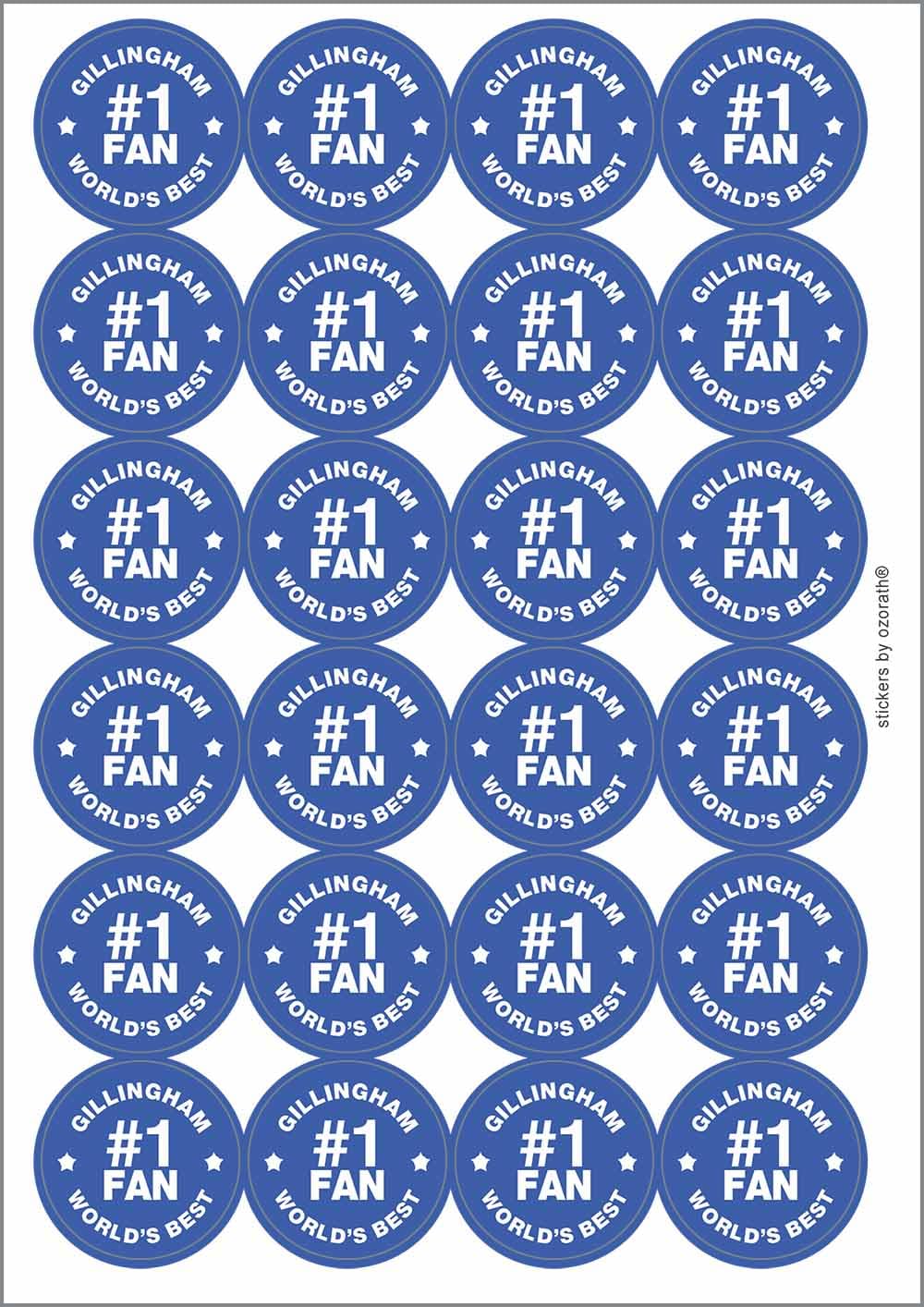 Gillingham #1 Fan Circular Matt Paper Stickers A4 Sheet of 24 (Each Sticker is 45mm Diameter)