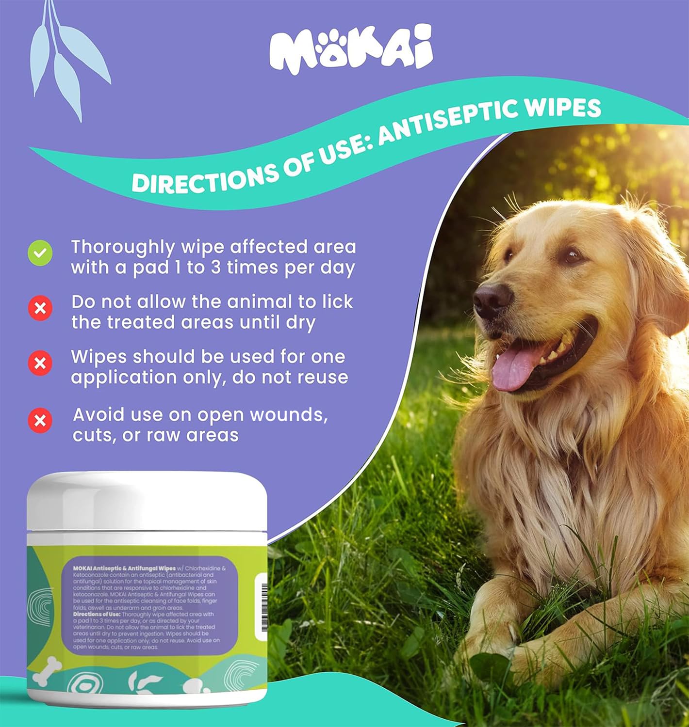 MOKAI Antiseptic Wipes for Dogs Cats and Horses | Dog Chlorhexidine Wipes with Ketoconazole Dermatological Pads Hot Spots Itchy Paws Skin Rashes - image 6