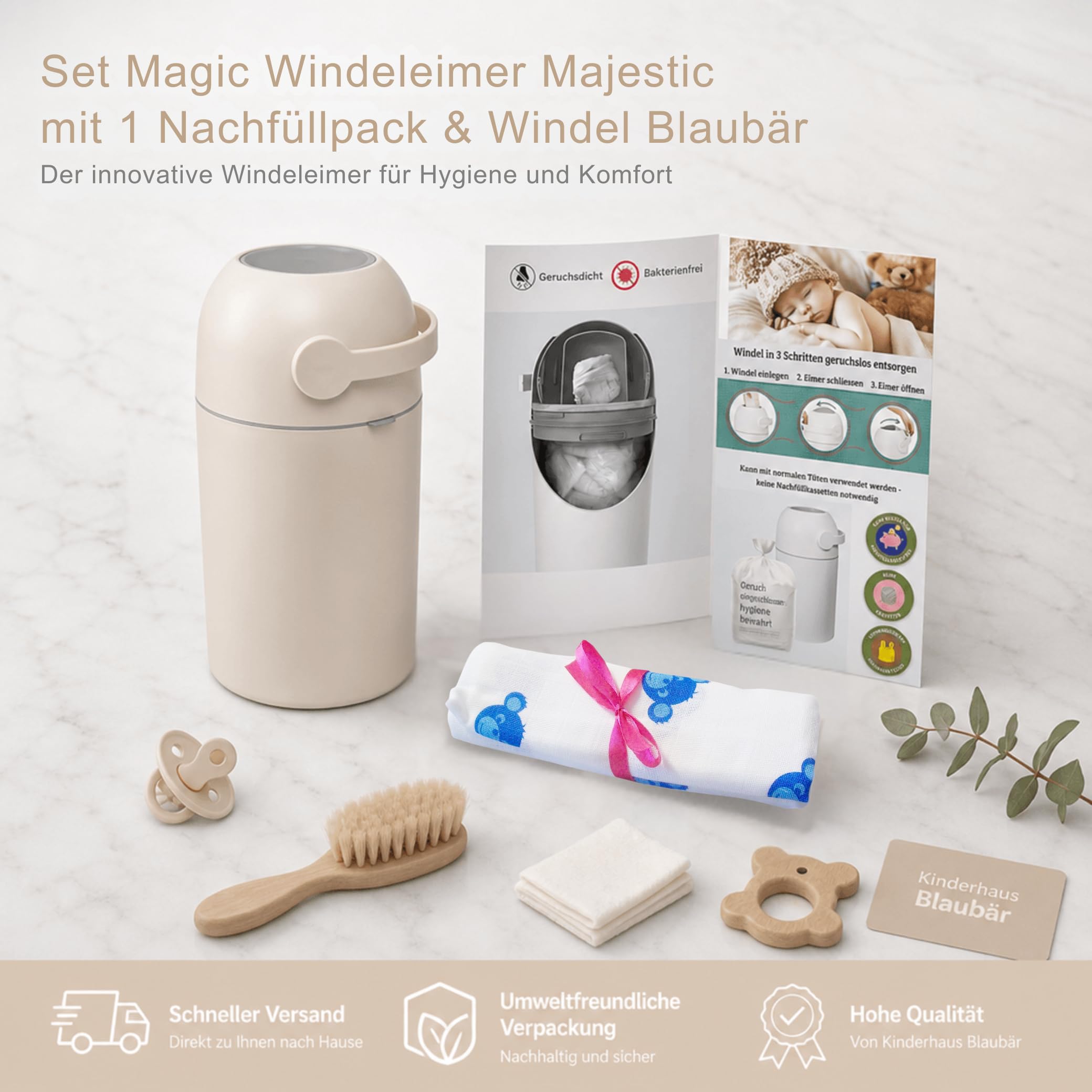 Set Magic Windeleimer Majestic & Windel Blaubär | Diaper Keeper 12L mit Geruchsstop-System | bis zu 25 Windeln | keine Nachfüllkassetten nötig | Mülleimer für Baby Windeln