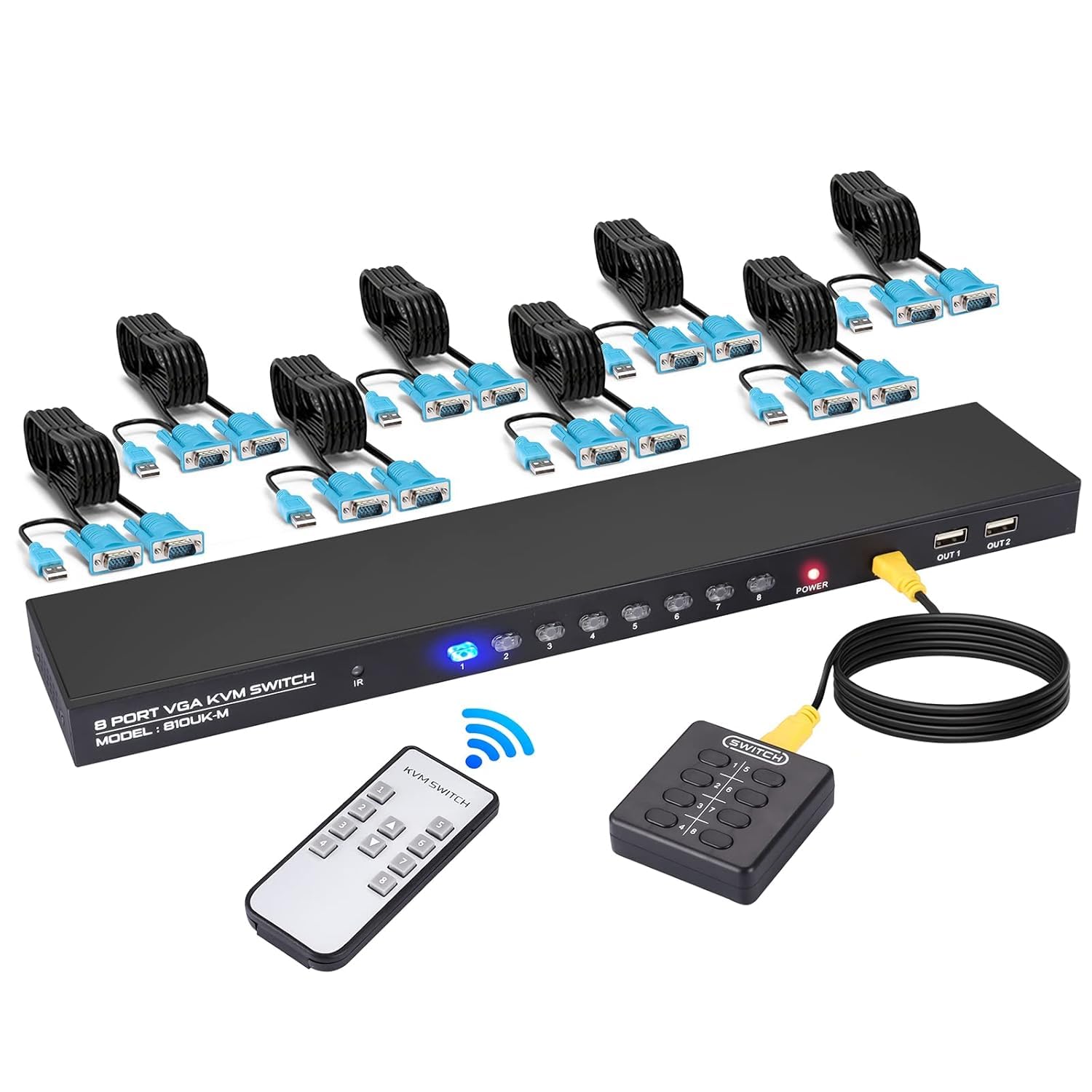 ETZIN VGA KVM Switch 8 Ports Switch with Remote,USB Switcher 8 Computers Share 1 Monitor 4 USB 2.0 Hubs,Keyboard Mouse Printer,8 KVM VGA Cables 1 Desktop Controller 1 IR Remote EPL-1437H-image-13