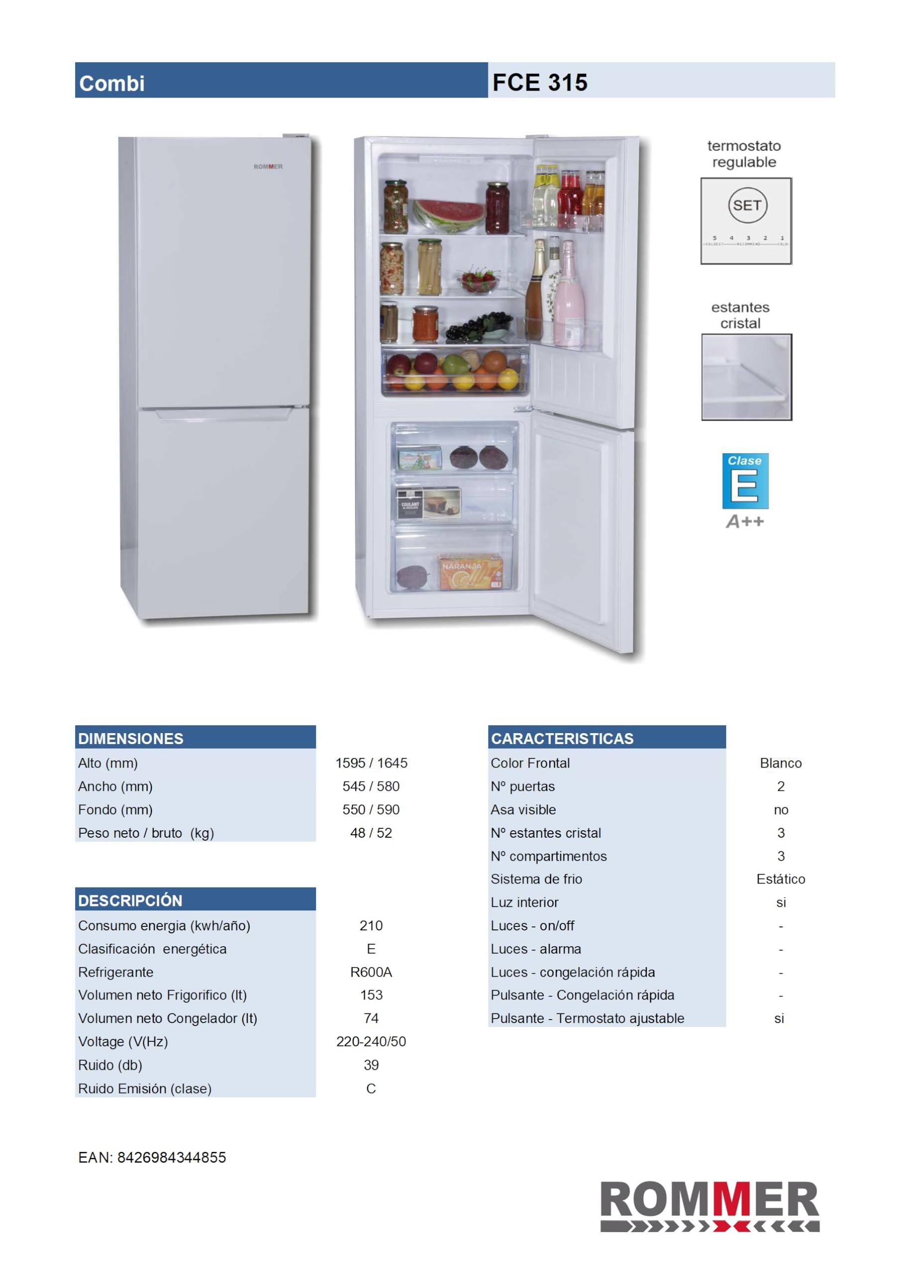 Rommer Figorifico Combi FCE 315, Capacidad 227 Litros, color Blanco
