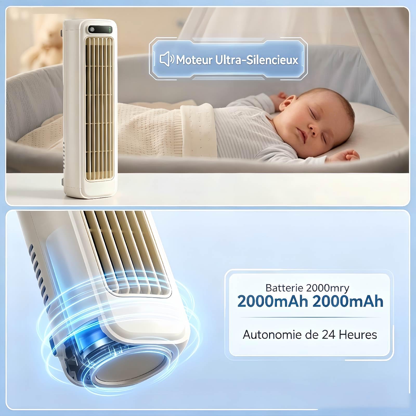 Bricoro Cooling Ace Original Rafraichisseur d’air Portable, Ventilateur de Climatiseur Portable Silencieux Mural Réglable à 3 Vitesses pour Cuisine, Chambre & Bureau (1PCS-Blanc)