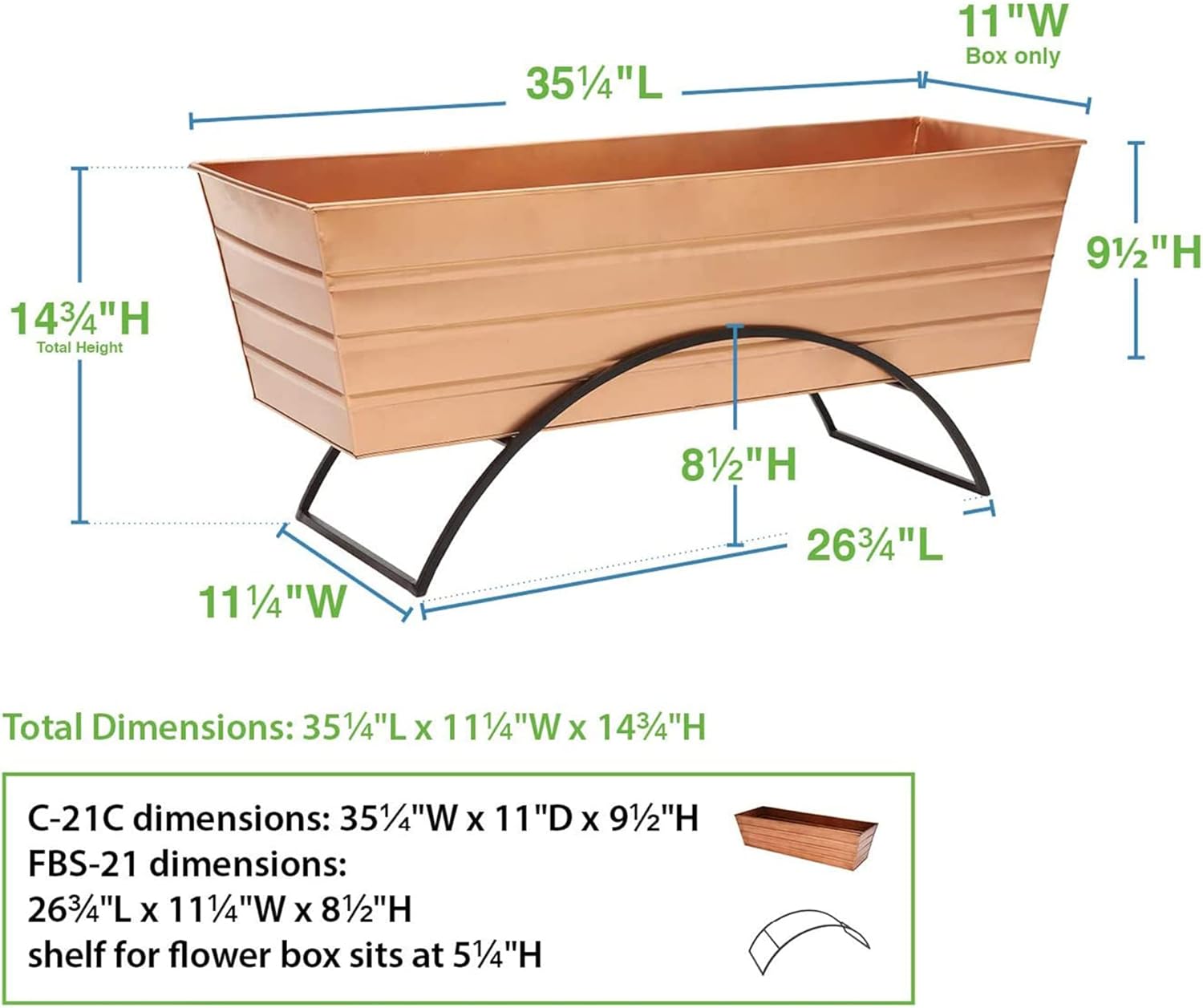 Odette Large Flower Window Box with Stand Copper Black Window herb Planter Rectangular Box Garden for Kitchens Grow Plants Hanging Railing Balcony Tabletop