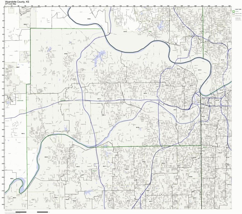 Wyandotte County, Kansas KS ZIP Code Map Not Laminated