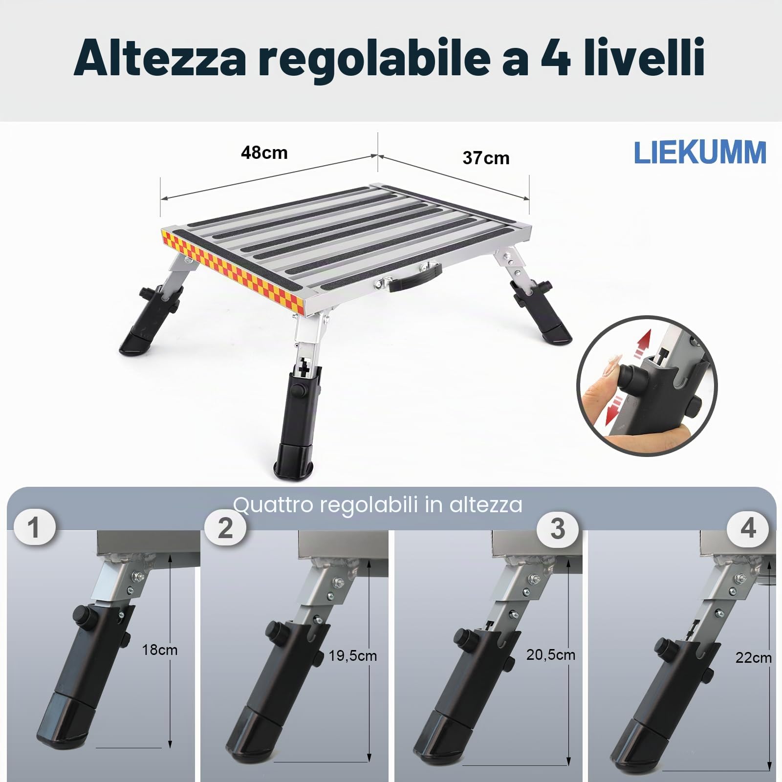 LIEKUMM Sgabello per Gradini, Pedana Pieghevole, 48 * 37cm piattaforma con piedini in gomma antiscivolo e altezza regolabile, capacità di 450KG piattaforma di lavoro