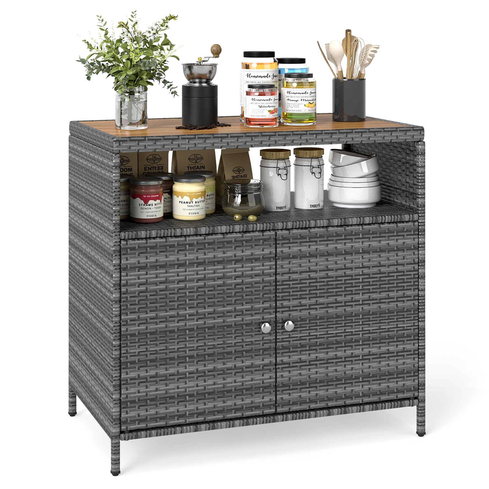 LIFEZEAL Buffet à 4 Niveaux en Rotin PE, Armoire avec Plan de Travail en Bois d'acacia, Meuble Rangement Extérieur Intérieur avec 2 Portes, 90x53x86 cm, Jardin, Terrasse, Patio, Cuisine (Gris)
