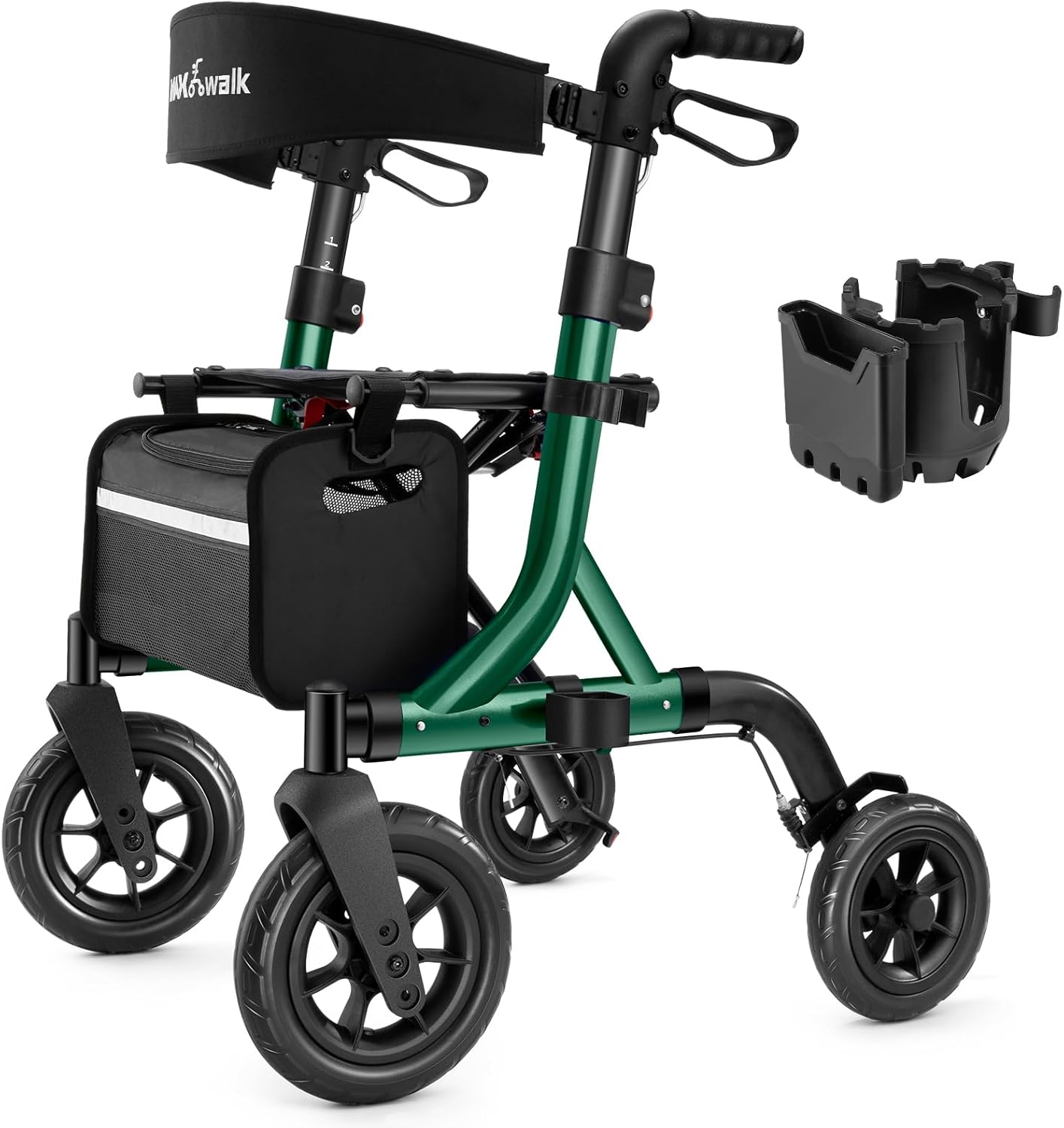 MAXWALK Walkers for Seniors, Rollator Walker with Seat, 10" Rubber Wheels All Terrain Rollator Walker with Backrest, Aluminum Walkers Built-in Cable, Foldable and Adjustable Height for Seniors, Green