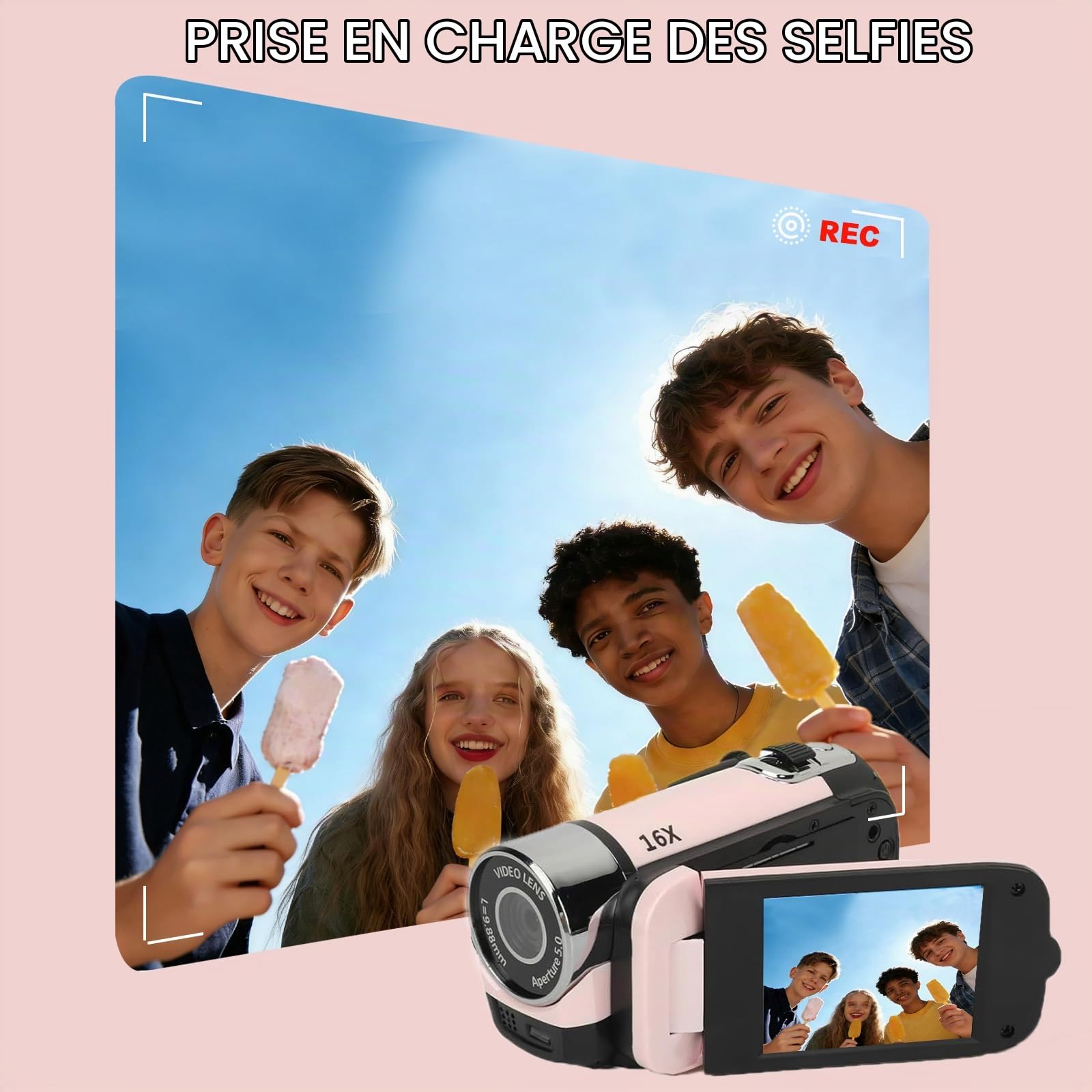 Appareil photo numérique HD 1080p, zoom 16x, écran TFT rotatif 2,7" 16 MP pour enregistrement de voyage (rose)