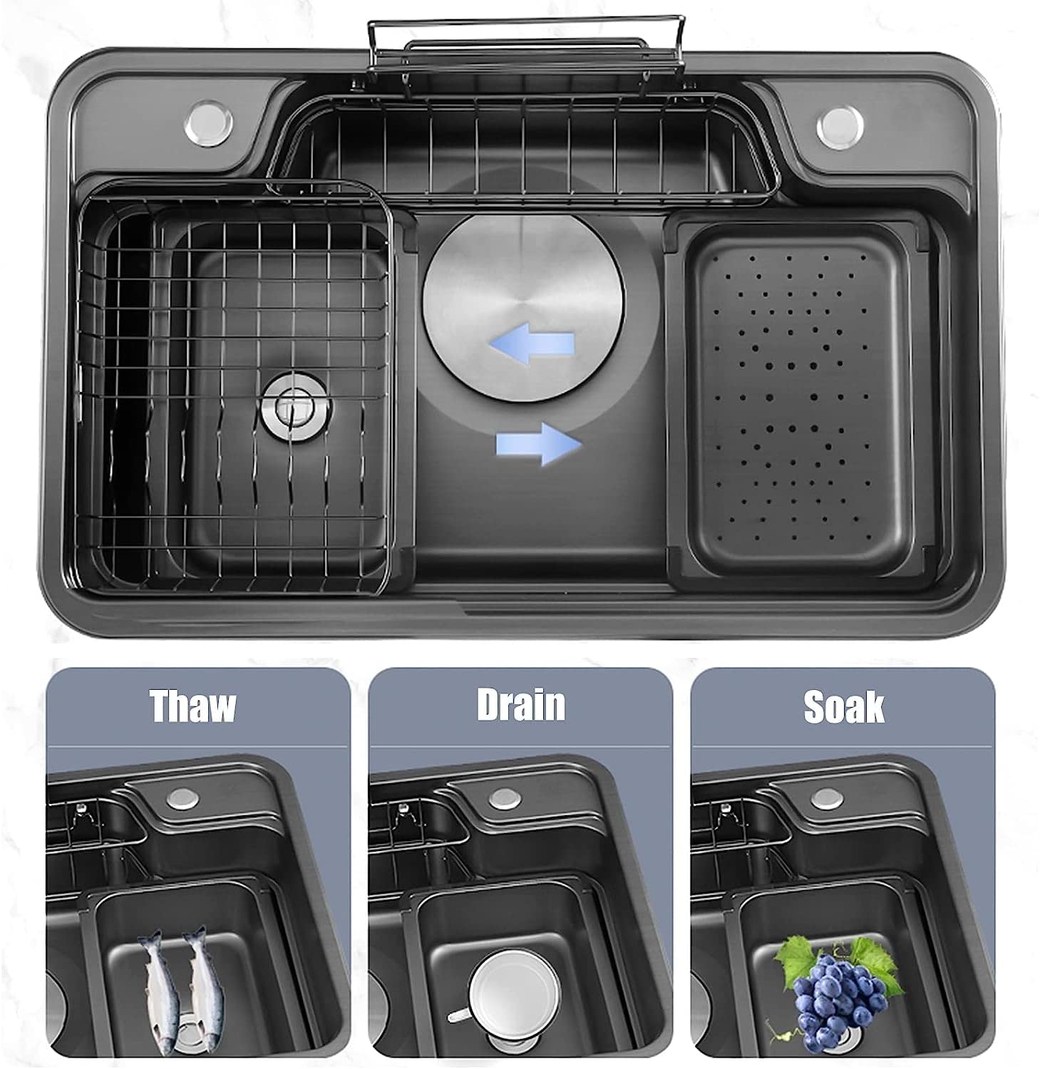 Fregadero De Barra De Cocina Negro Grande con Grifo Extraíble, Grifo Purificador, Kits De Drenaje E Instalación, Fregadero De Cocina De Un Seno De Acero Inoxidable Espesado 304, Fregadero De