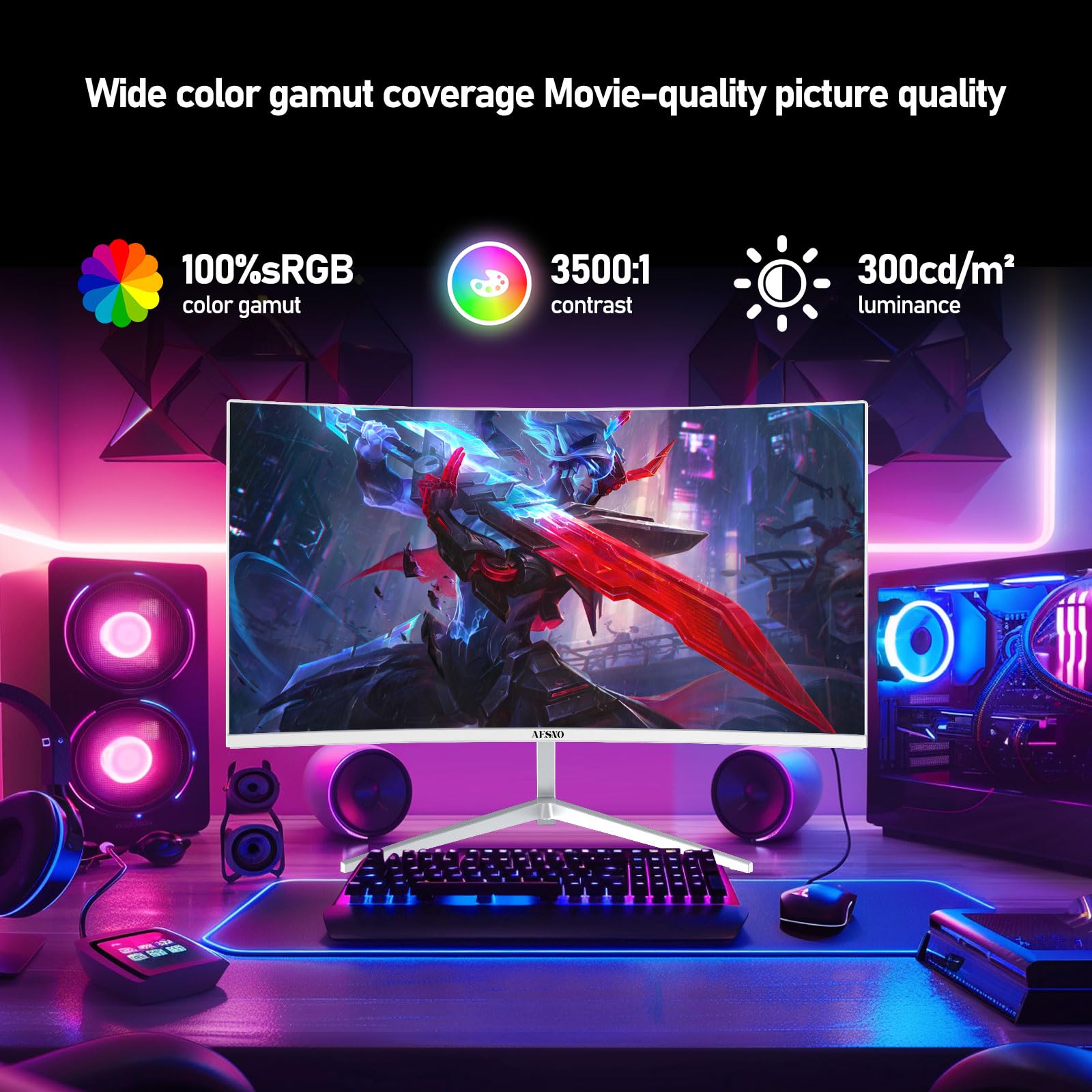 AESNO 24 inch Gaming Monitor 180Hz Curved 3000R Display Screen FHD
